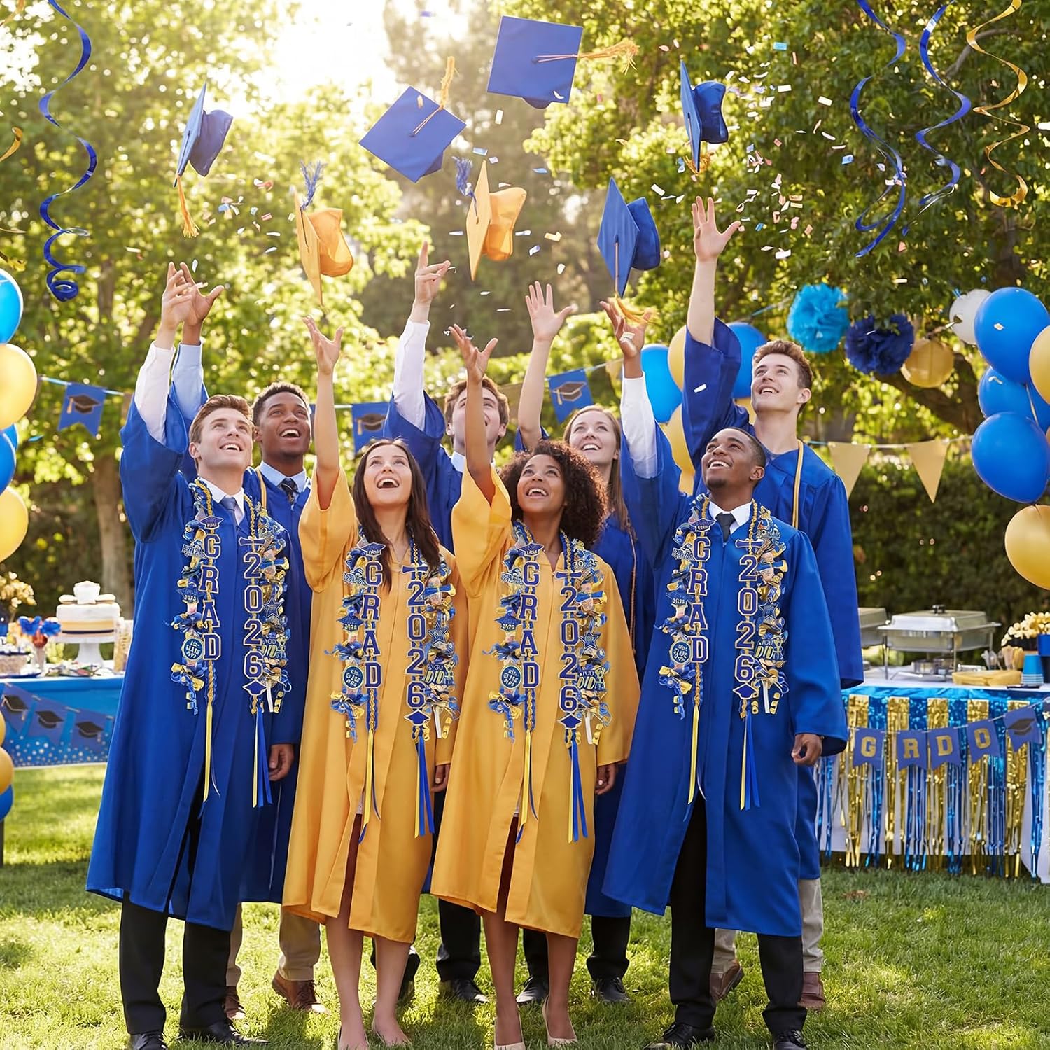RoundFunny Blue Gold 99 Pcs Graduation Leis 2026 Candy Ribbon Leis Kit Class of 2026 Congrats Candy Necklace DIY Craft Accessories Graduation Gift for Party Supplies High School College