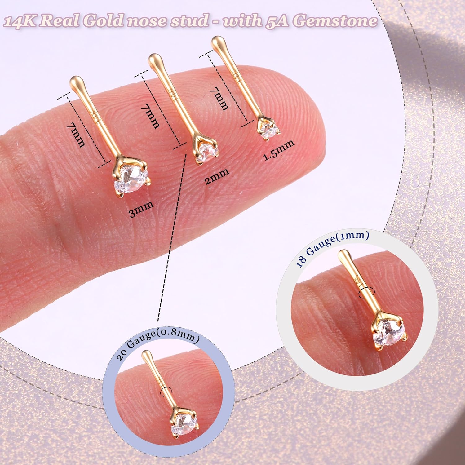 BodyBonita 14K Solid Gold Plated Nose Rings - Twist/Bone Style Nose Stud 18G 20G Screw Shaped CZ Post Hypoallergenic Piercing Jewelry Rings Women Men 3 mm/2 mm/1.5 mm Cubic Zirconia 7 mm Bar Length