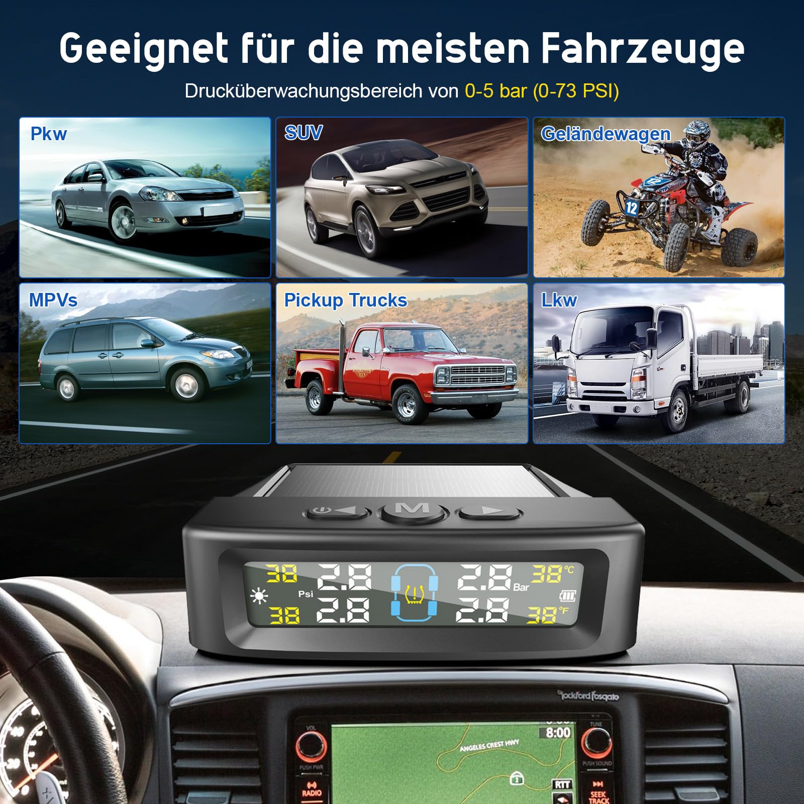 TPMS Reifendrucküberwachungssystem, Solar-Reifendrucksensor mit 4 externen Sensoren & LCD-Display, 0-73PSI drahtloses Auto-Reifendruckmessgerät Echtzeit-Alarmsystem (Schwarz)