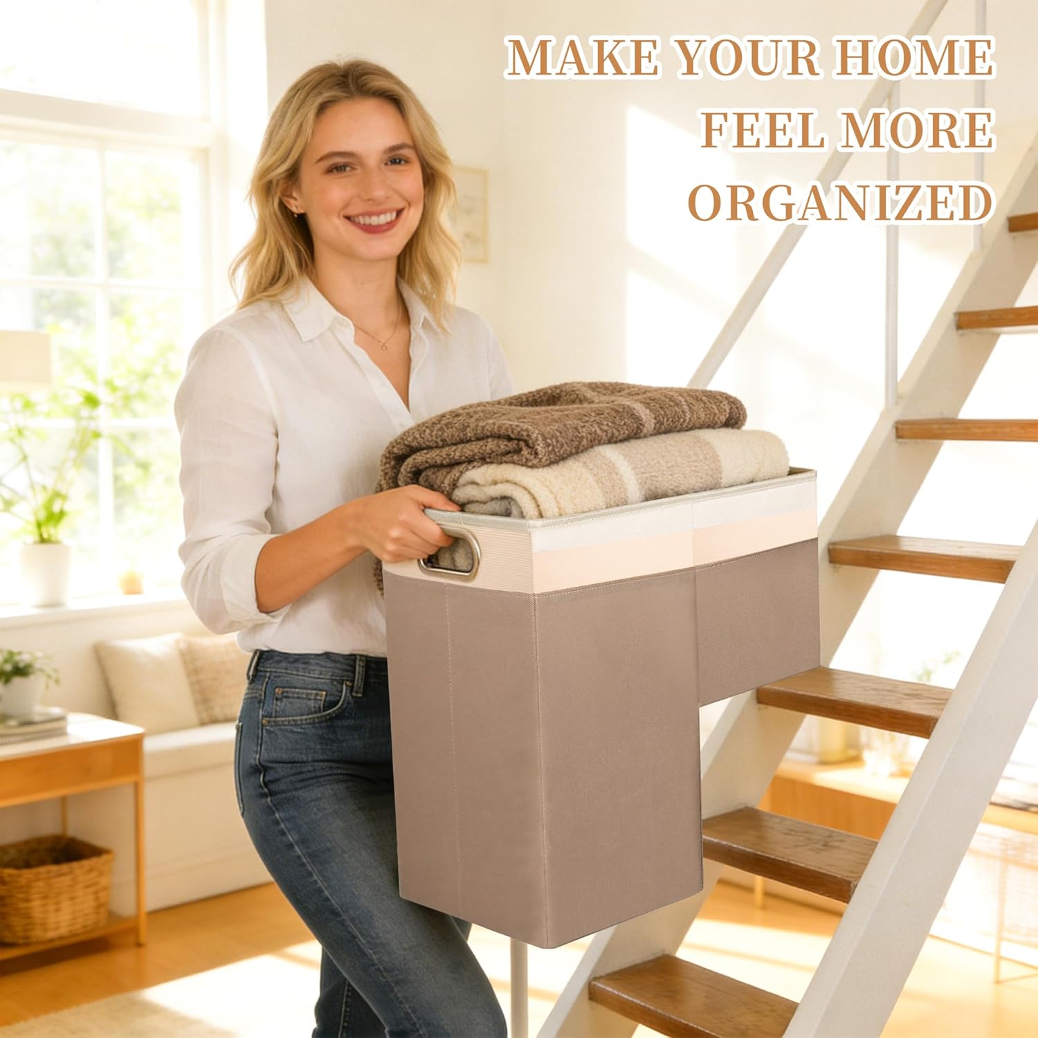 Stair Basket with Lid – Modern Storage Basket for Carpeted Stairs & Wooden Staircase, Built-in Handles, Oxford Cloth with PP Board, Organizer for Laundry, Shoes, Step Shelf, Hamper