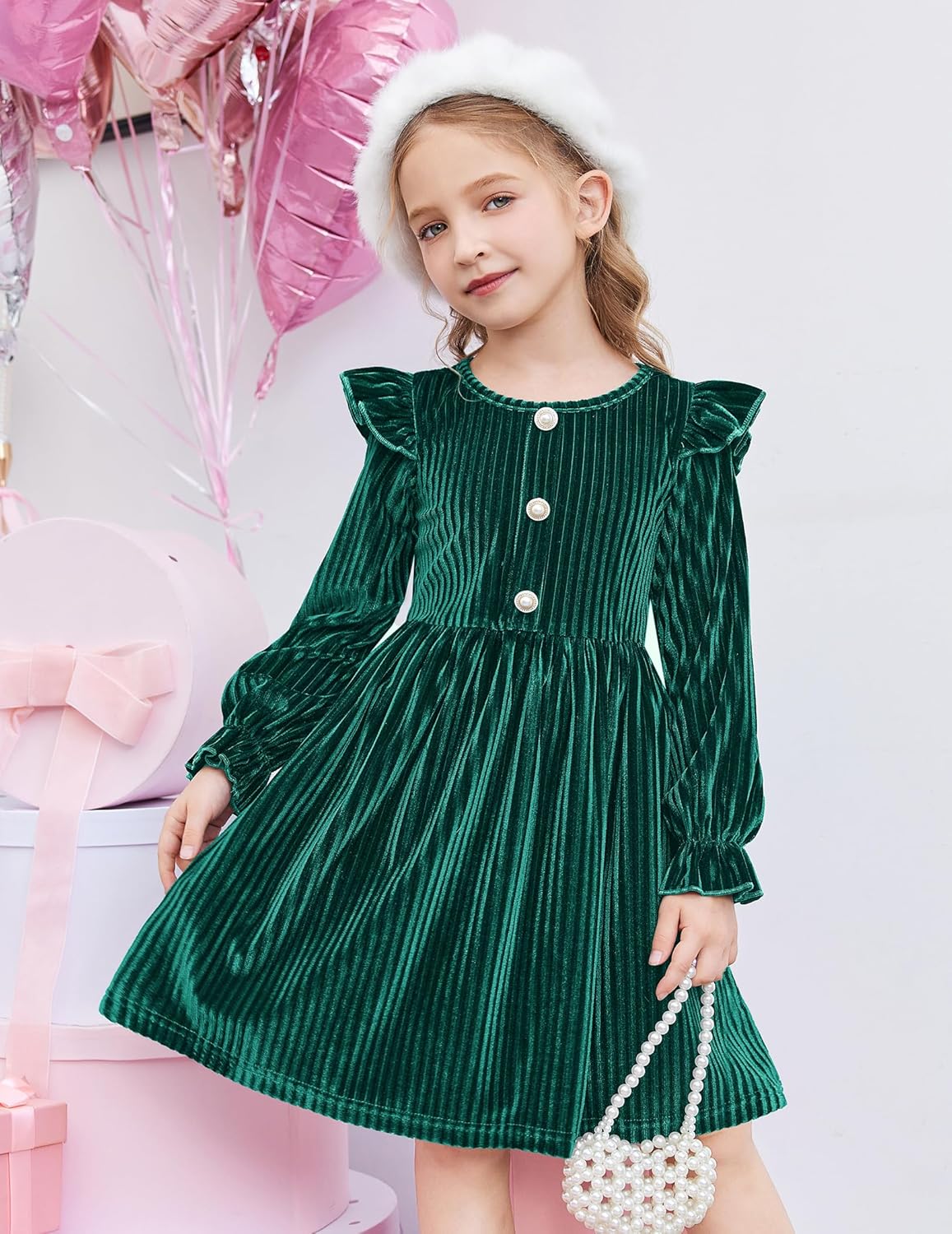 Arshiner Toddler Girls Long Sleeve Velvet Dress Ruffled Crew Neck Midi A-Line Fall Vintage Dress with Pockets for Kids 2-8Y - Image 8