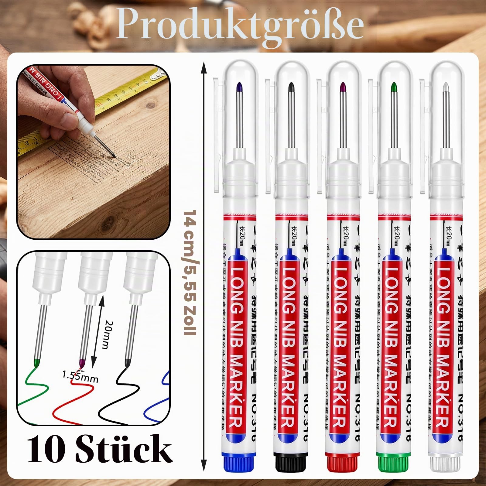 10 Stück Tieflochmarker Wasserfest Markierungsstift 20mm Bohrlochmarker Extralange Spitze Tiefenlochmarker Bohrlochmarkierungen Karton Baustellen Stift für Holz Karton Wand Kunststoff Metall