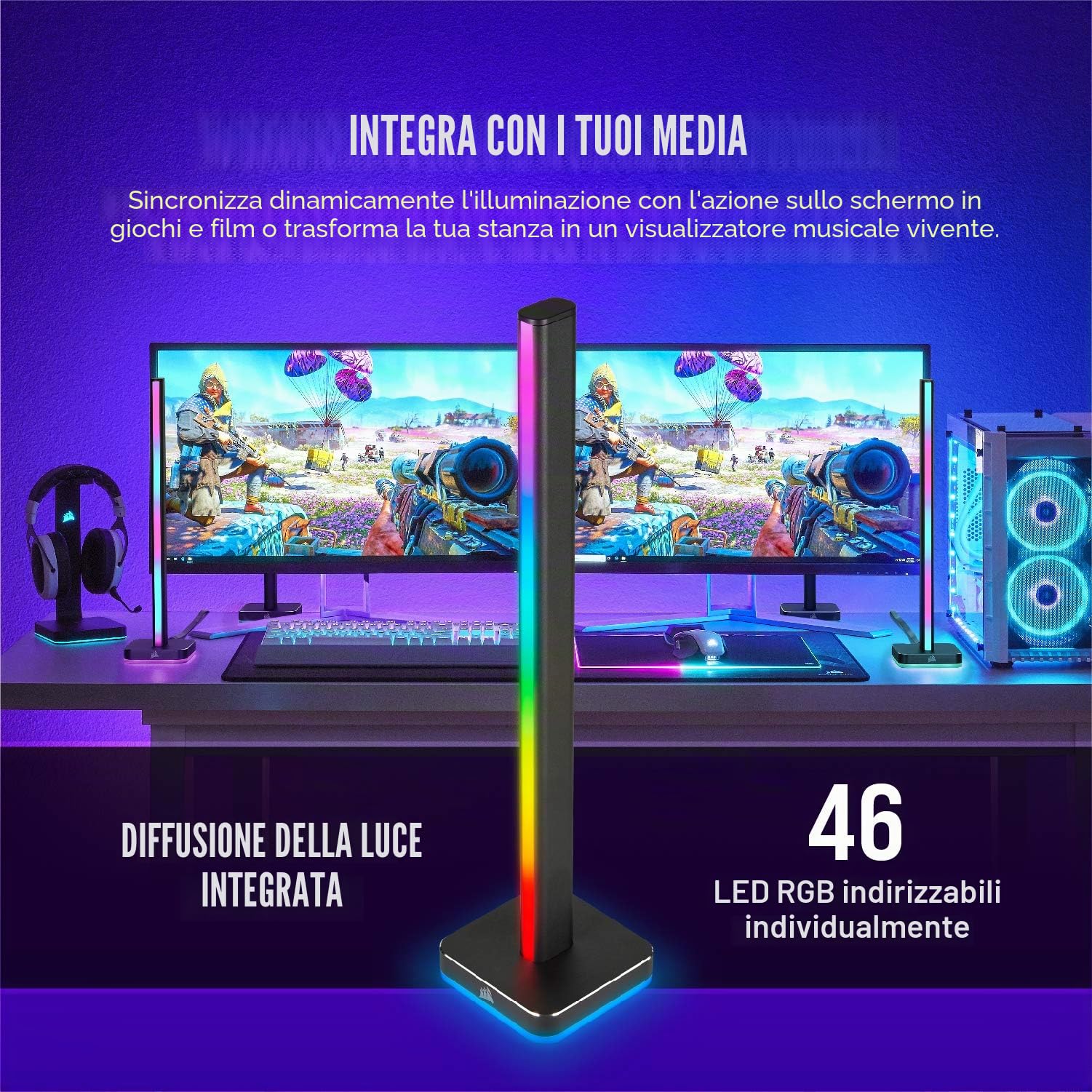 Corsair iCUE LT100 Kit di Espansione per Torre Luminosa Smart, Una torre di 422 mm, Dotata di 46 LED Personalizzabili, Diffusione della Luce Integrata, Supporto per Cuffia Rimovibile, Nero