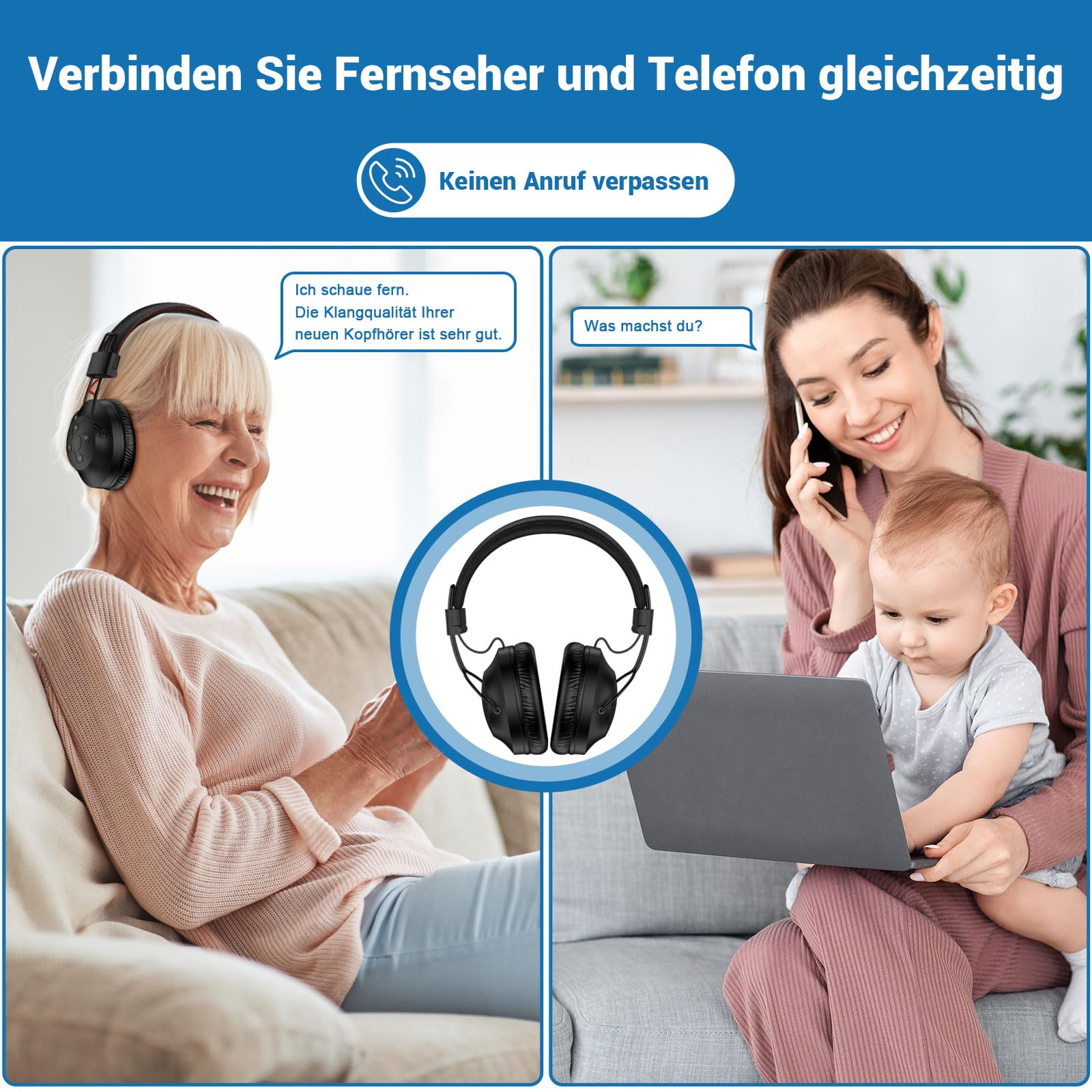 Dual Wireless Kopfhörer zum Fernsehen mit Sender und Headset-Ständer, 196ft Reichweite mit optischen, AUX, RCA und USB, hohe Lautstärke, 40 Stunden Spielzeit