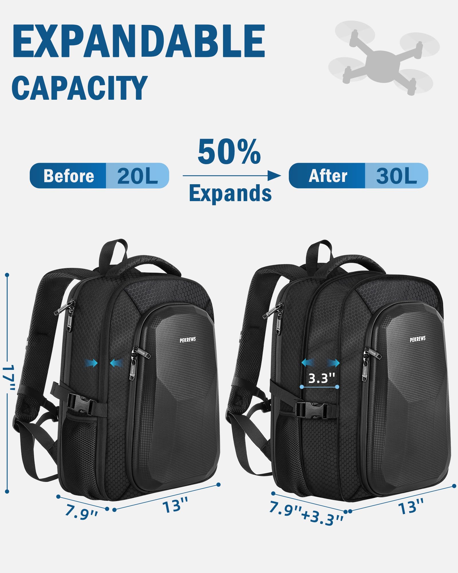PEKREWS Zaino per Neo, Zaino Grande Capacità Per DJI Neo, RC 2/RC-N2/N3, Borsa Drone Espandibile Compatibile Con Laptop 15,6 Pollici E Fly More Combo, Custodia Rigida Idrorepellente Per Accessori