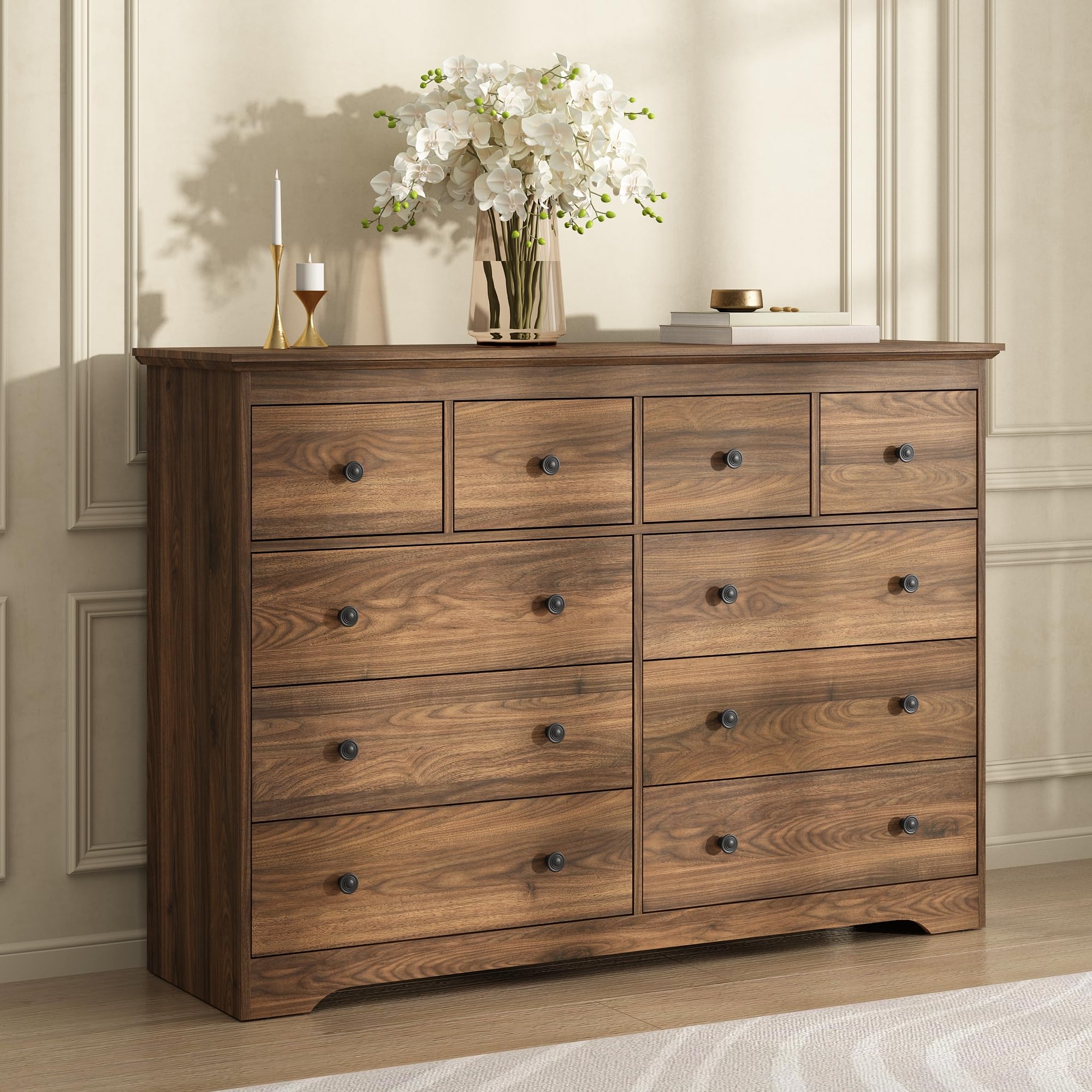 BAZELOR 55 Inch Wide Dresser for Bedroom, 10 Drawer Dresser with Large Drawers, Thickened Top, Wood Chest for Living Room, Hallway, Walnut