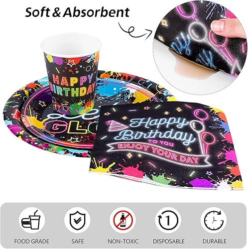 Miniatura 3 de Durony 100 piezas de suministros de fiesta de neón que brillan en la oscuridad, incluye platos de papel, vasos, servilletas, decoraciones de fiesta