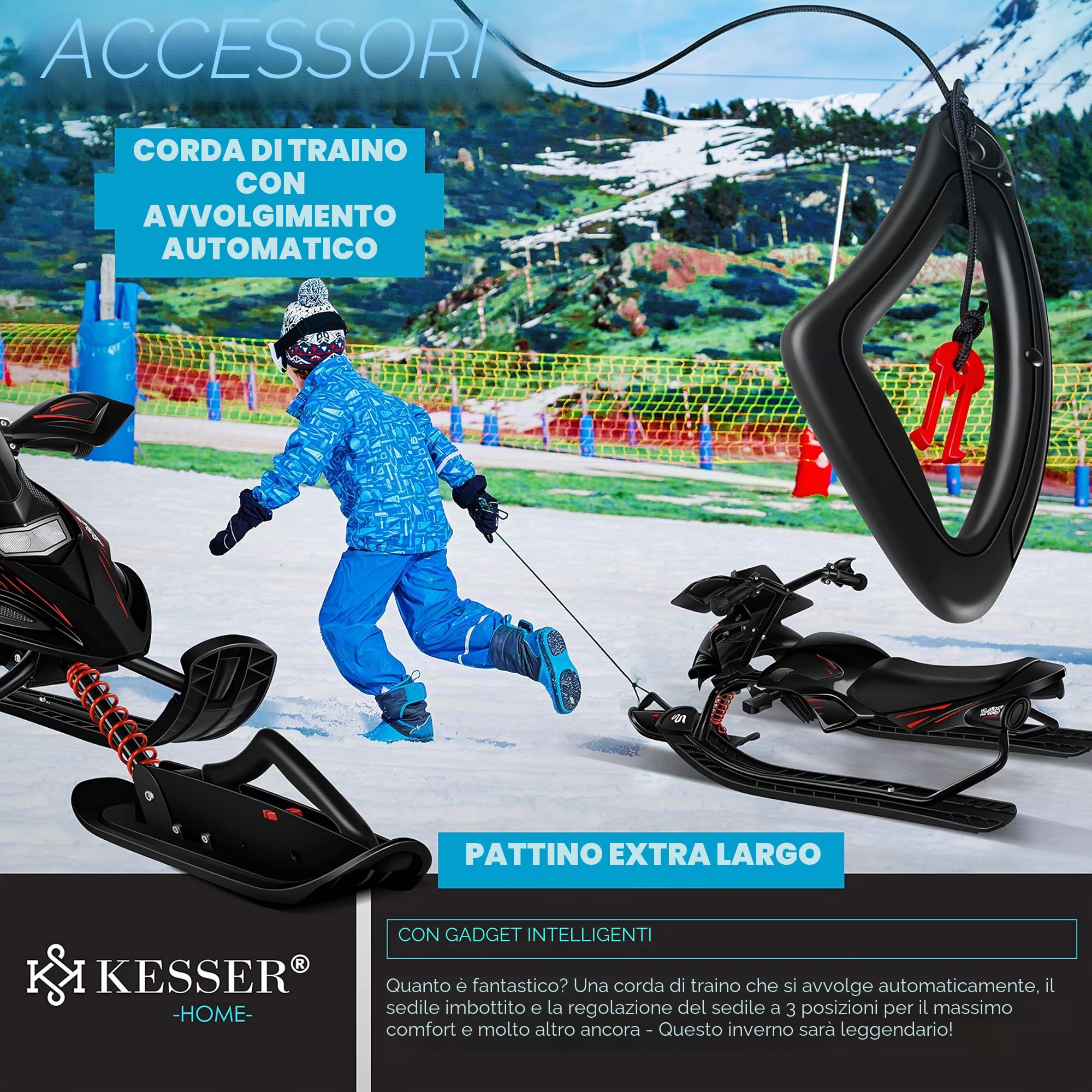 KESSER® Slitta con sterzo con 2 Freni a Pedale | Corda di trazione Automatica | Sospensione | Sistema di Guida Antisdrucciolevole | Bob Slittino per Bambini Slitta Slittino