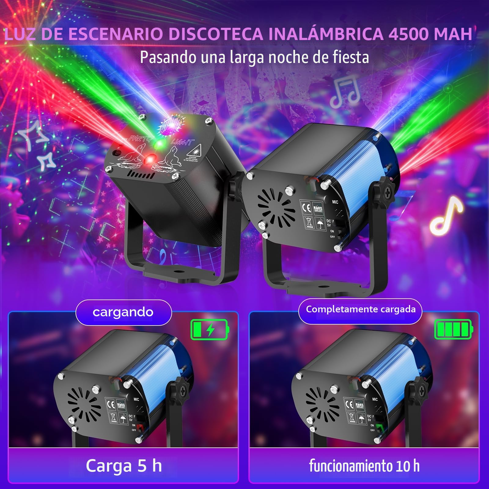 Luces Discoteca Luz Fiestacon Disco LED Karaoke Inalámbrico, Batería 4500 mAh Proyector 60 Patrones y Controlada por Música, Efecto Estroboscópico, Control Remoto y Cable USB 2 M, para Fiestas