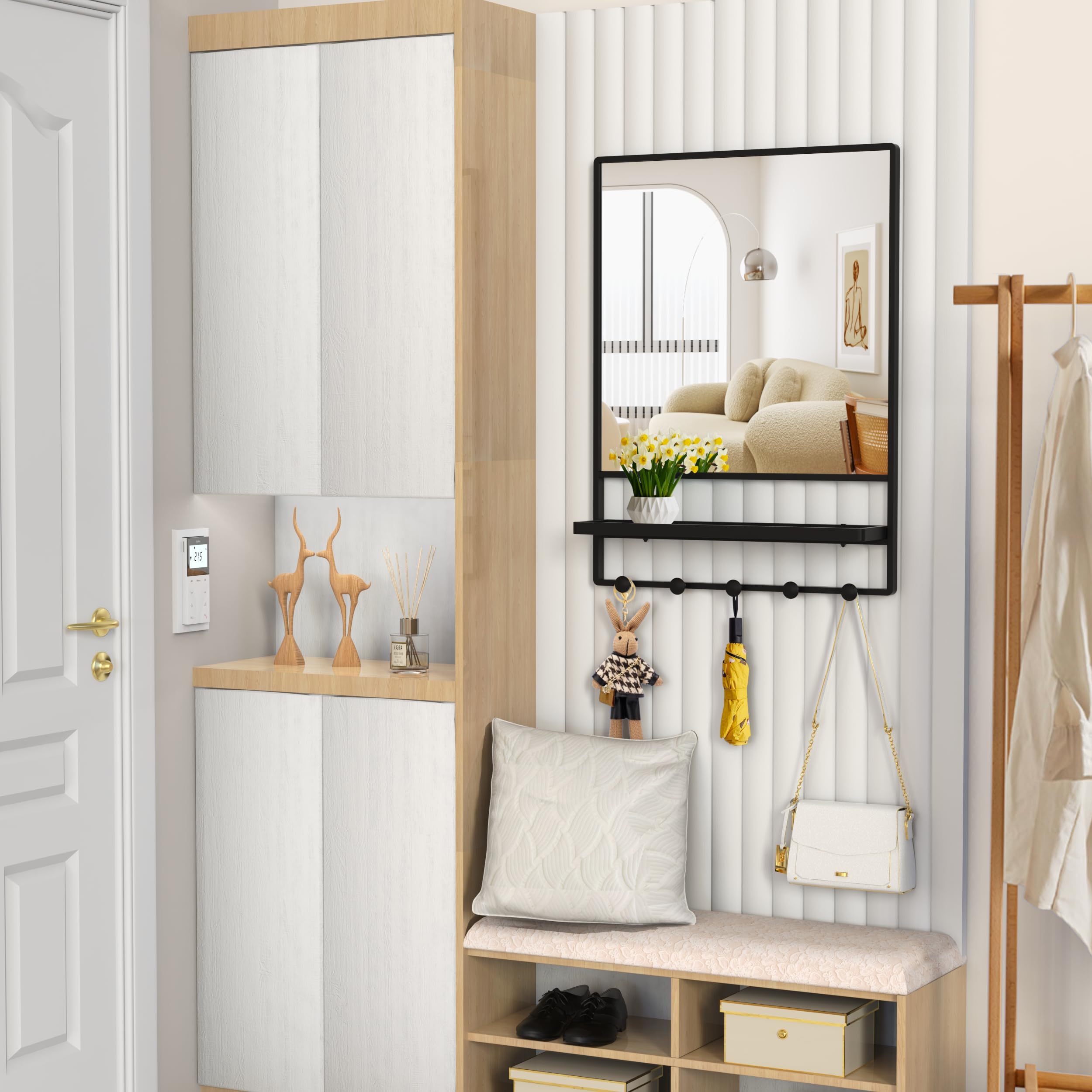 Espejo de Pared con Estante y Ganchos, Espejo de tocador con Gancho, 21 x 28 Pulgadas con Marco de Metal, Espejo Decorativo para baño, Entrada, Dormitorio, Sala de Estar (Negro, 21 x 28)