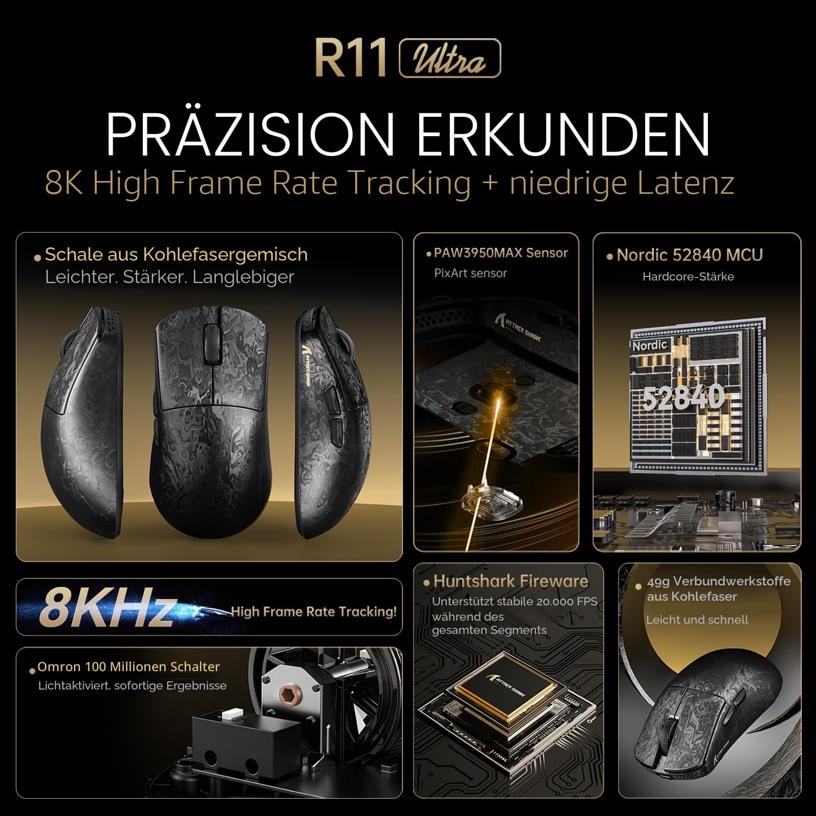 MAMBASNAKE x Attack Shark R11ULTRA Carbon Fiber Wireless Gaming Mouse, 8000Hz, 49g Superlight, 42000DPI, PAW3950MAX Sensor, Nordic 52840 Chip, Nano-Metal Ice Coating, 20000 FPS, BT/2.4G/USB-C Mice