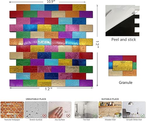 Miniatura 3 de XUANINY Azulejos de 11 hojas para salpicaduras de despegar y pegar, superficie de aluminio de metro, adhesivo de pared de color arcoíris para sala