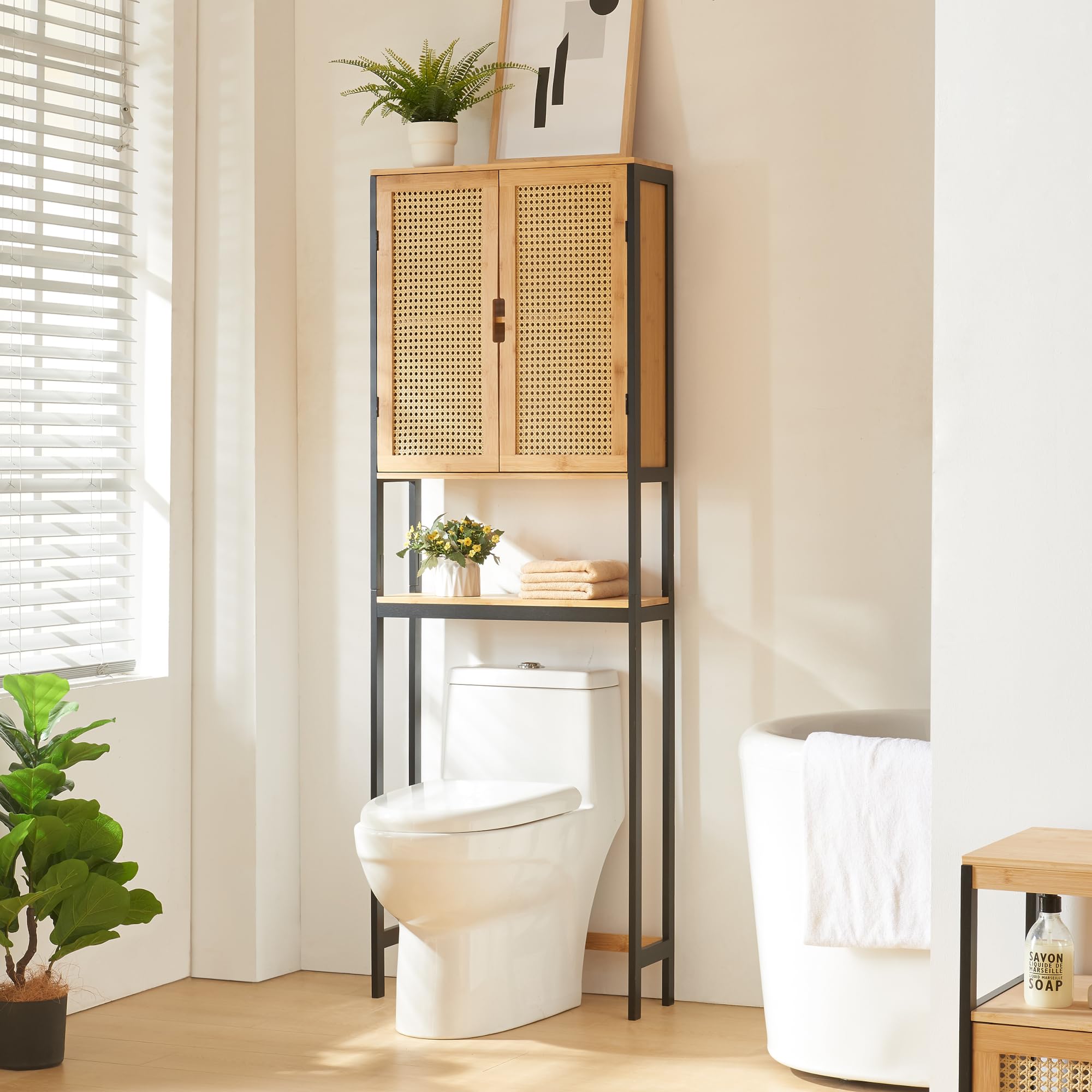 en.casa] Staand rek Tervola badkamerrek bamboe plank met 3 manden 73x23x19 cm badkamermeubel naturel zwart rotan look