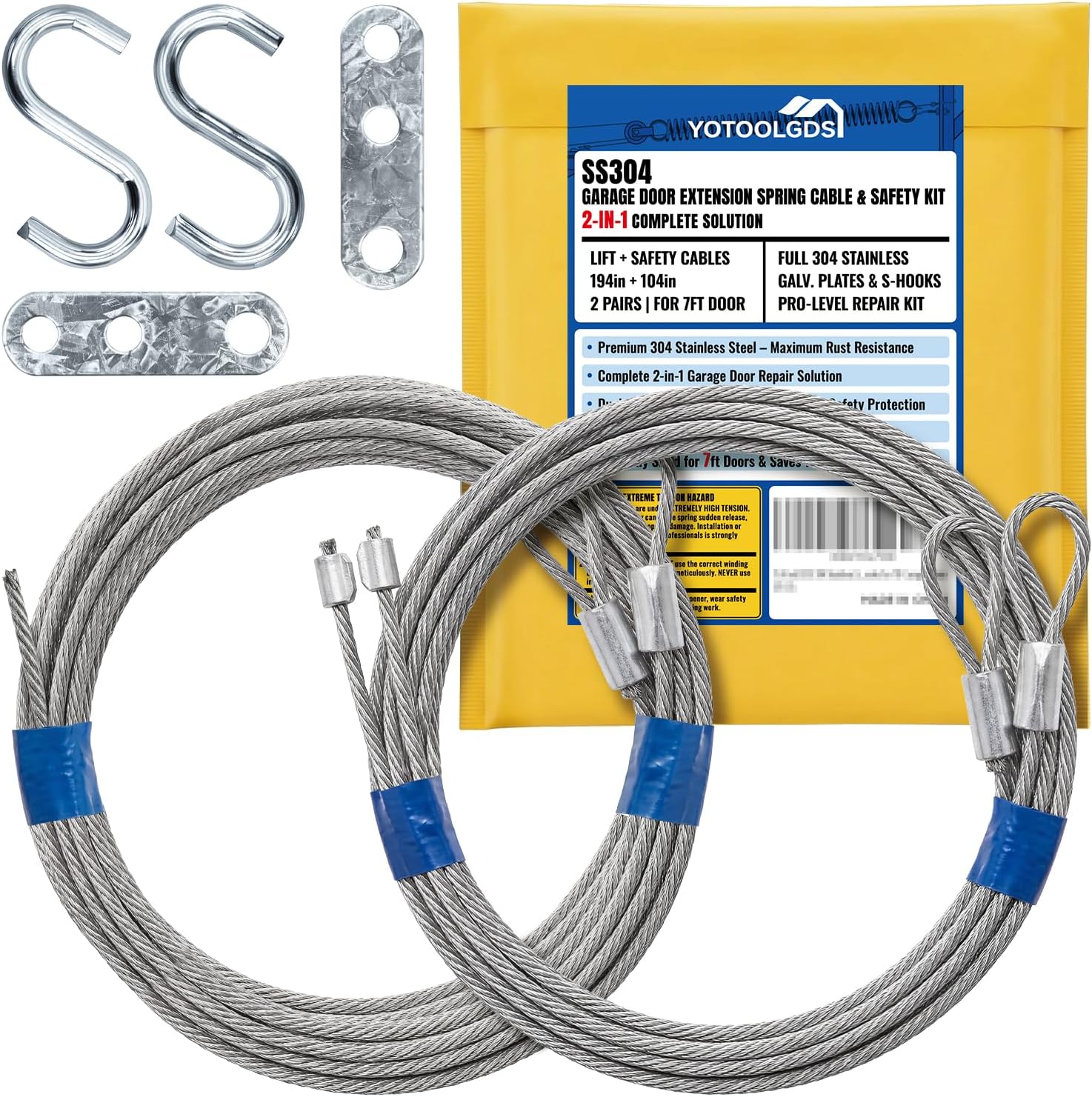 304 Stainless Steel Garage Door Extension Spring Cable & Safety Kit | 194in Lift + 104in Safety Cables (2 Pairs) with Galvanized 3-Hole Mounting Plates & S-Hooks for 7ft Garage Doors