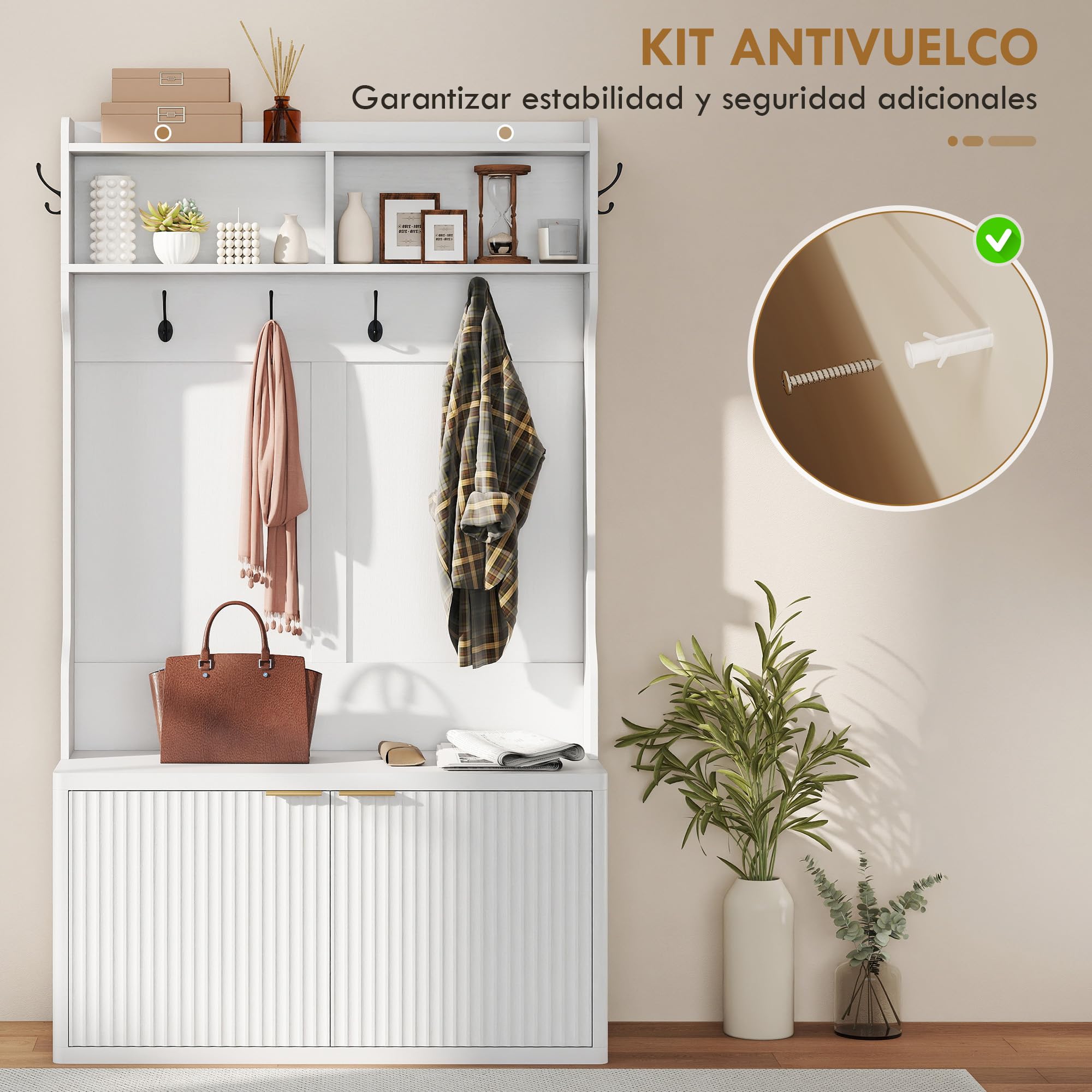 HOMCOM Perchero Zapatero con 2 Puertas y 6 Ganchos 100x38x172 cm Blanco | Perchero Recibidor Entrada, Estantes Abiertos, para Abrigos Pasillo Dormitorio Salón, Estilo Moderno