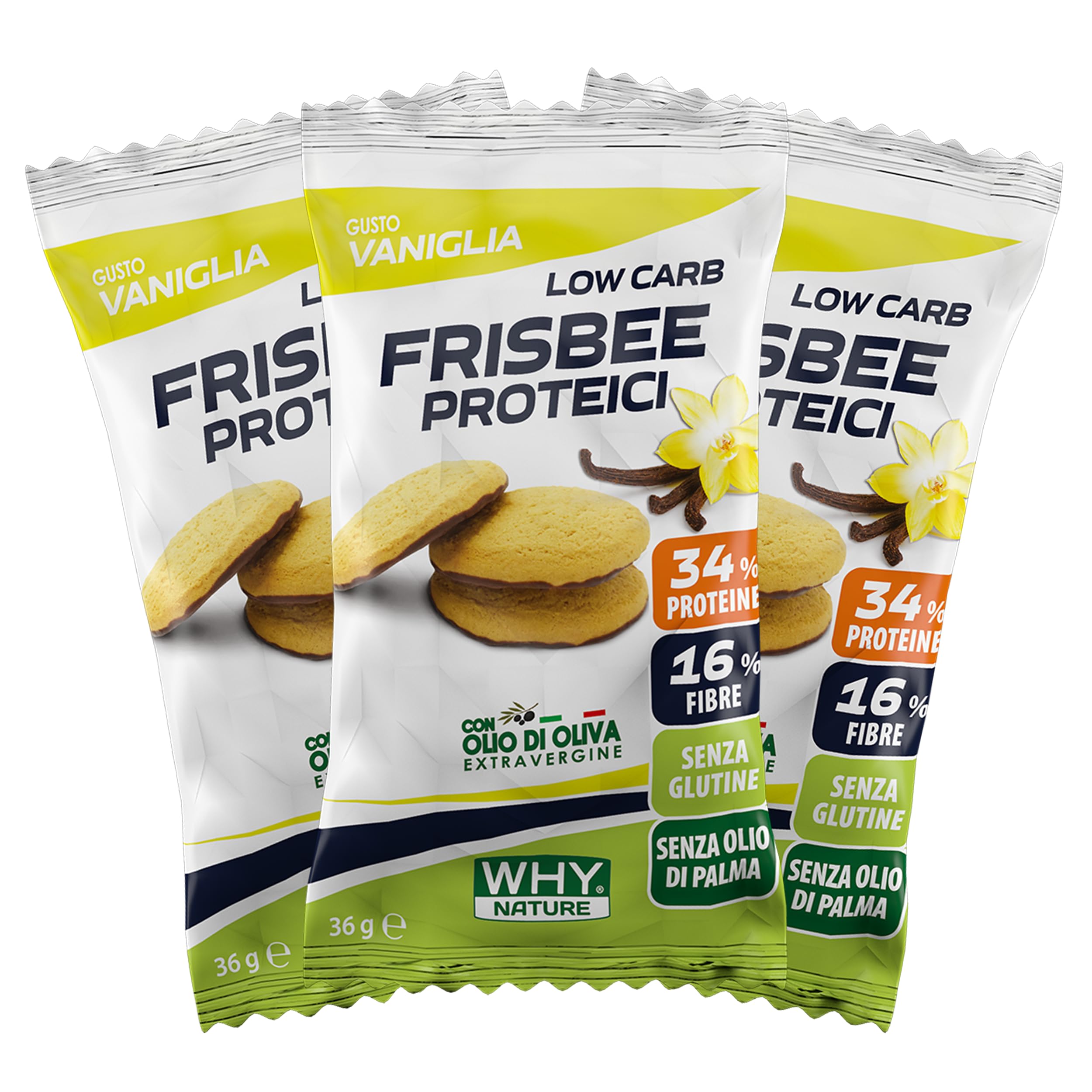WHY NATURE LOW CARB FRISBEE PROTEICI - Biscotti Proteici con Base di Cioccolato - Senza Glutine per una Colazione Proteica - Gusto Vaniglia - Box da 25 Pezzi - 36 gr