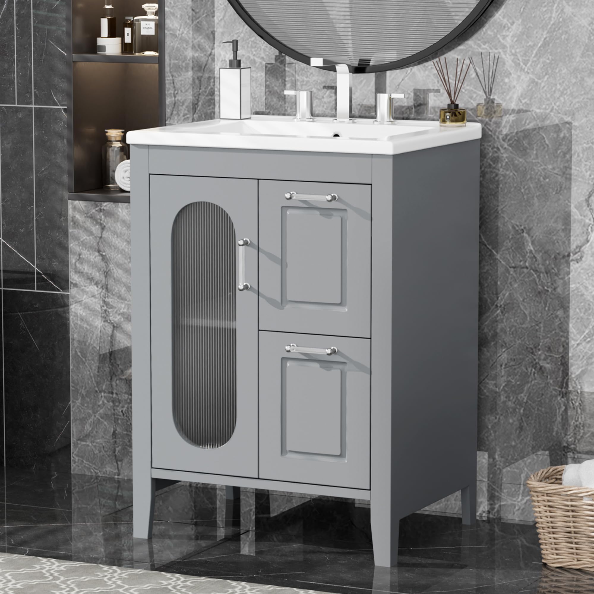 SOFTSEA 24" Bathroom Vanity with Ceramic Sink, Solid Wood Bathroom Storage Cabinet with Glass Door, 2 Drawers and Adjustable Shelf, Modern Bathroom
