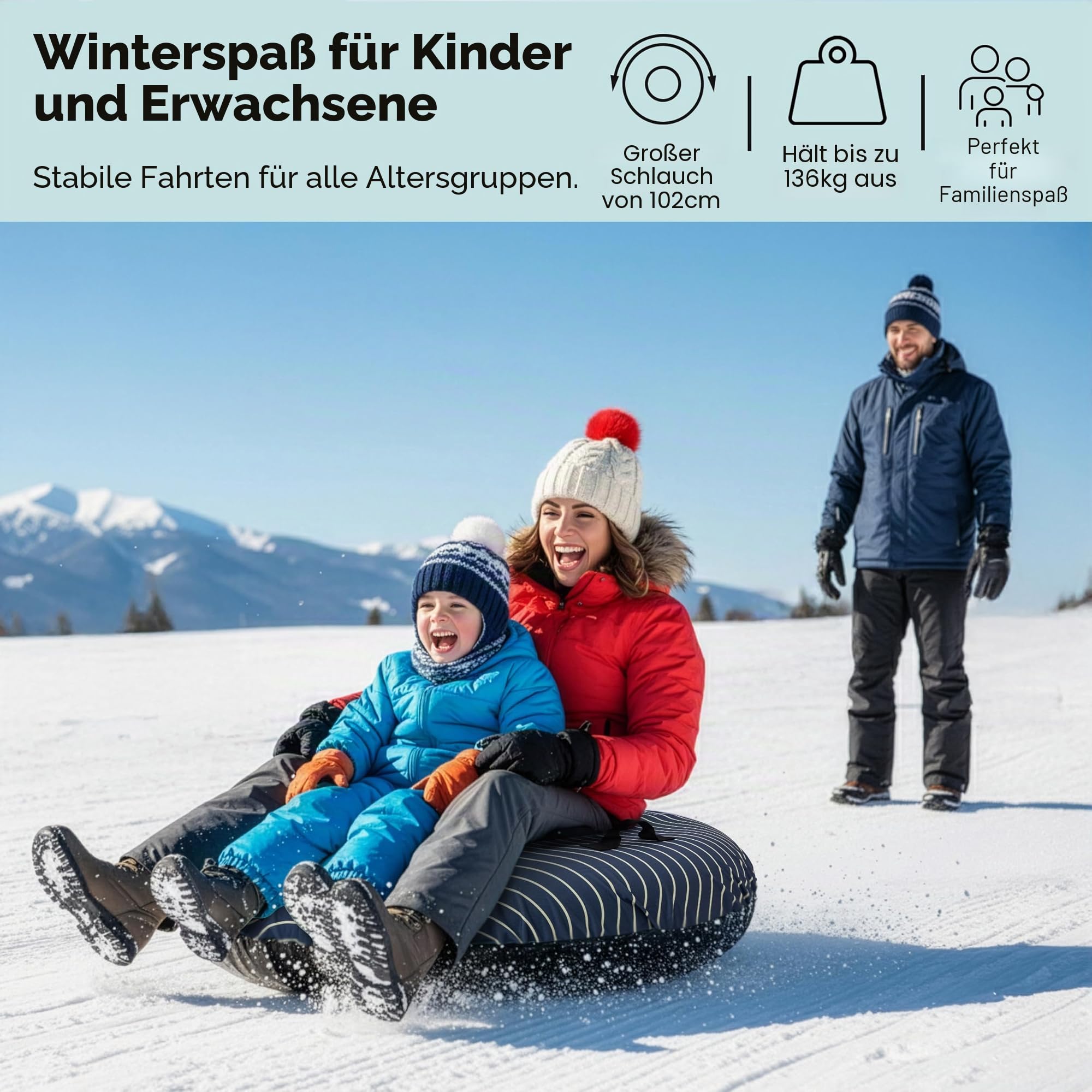 SereneLife Snowtube 102 cm – Aufblasbarer Schlitten mit Zugband & Hartplastikboden für Kinder & Erwachsene Reinforced Boden & Extra-Polsterung - Schnelle Gleitfläche - Winterspaß für 2 Personen