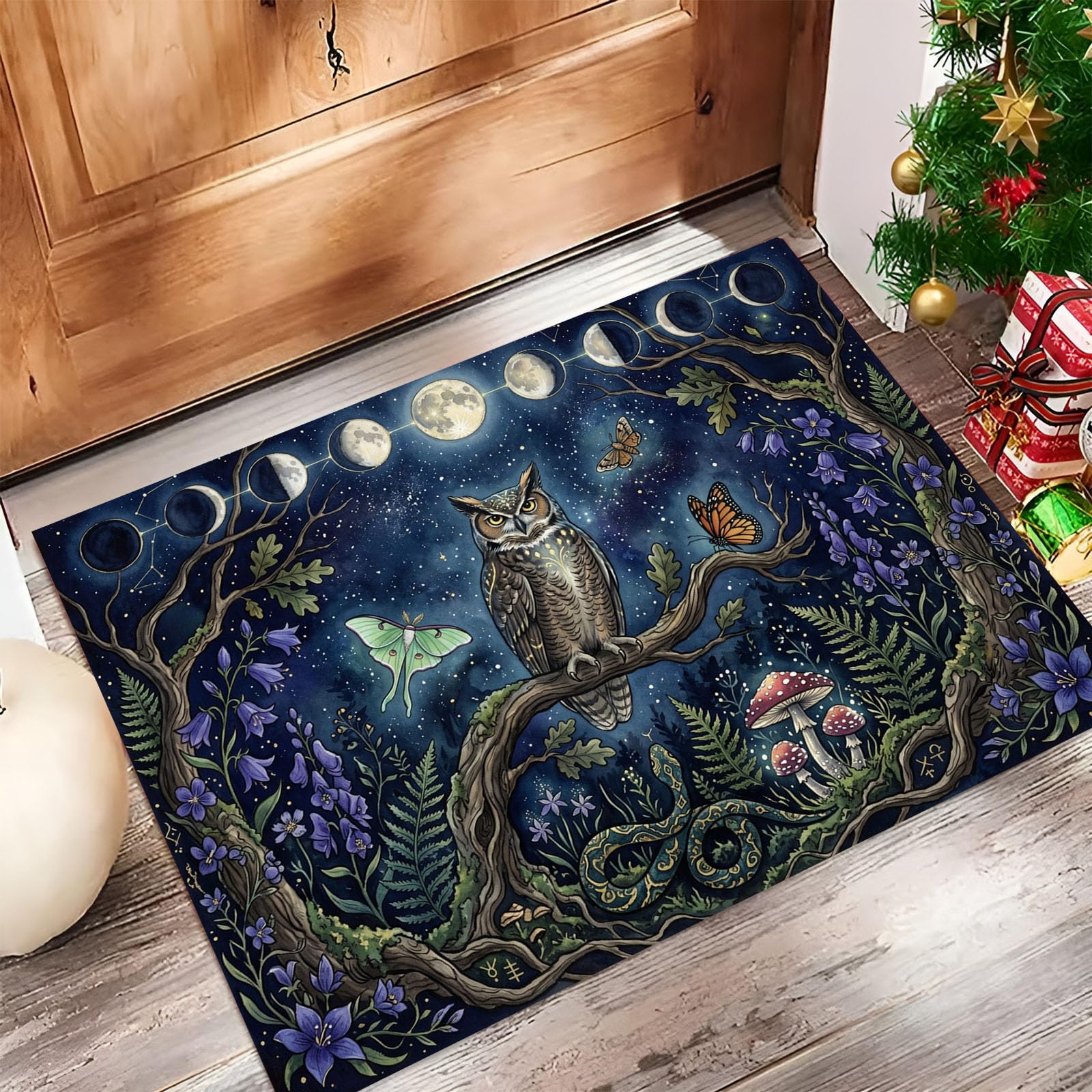 60X90Cm Zerbino Ingresso Interno Antiscivolo Assorbente, Tappeto Microfibra Sottile Lavabile Con Fasi Lunari Misteriose Cielo Stellato Gufo Foresta Incantata Per Cucina Bagno Porta Animali, Blu Navy