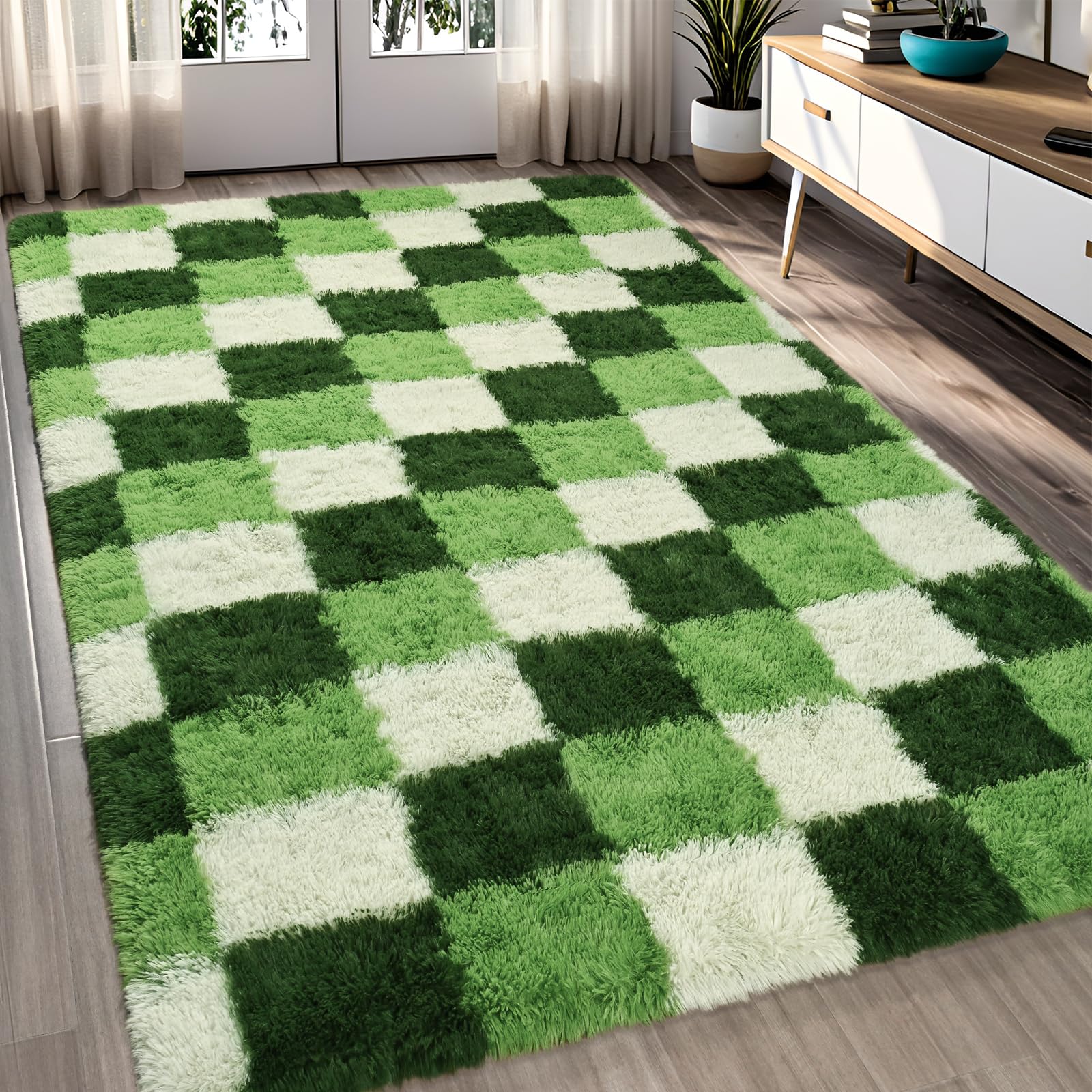 FALARK Deep Green White Rugs for Living Room Bedroom, 5x7 Feet Checkered Rug for Boys Girls Bedroom Decor, Big Soft Shaggy Modern Indoor Washable Carpets for Home Nursery, Playroom — image 1