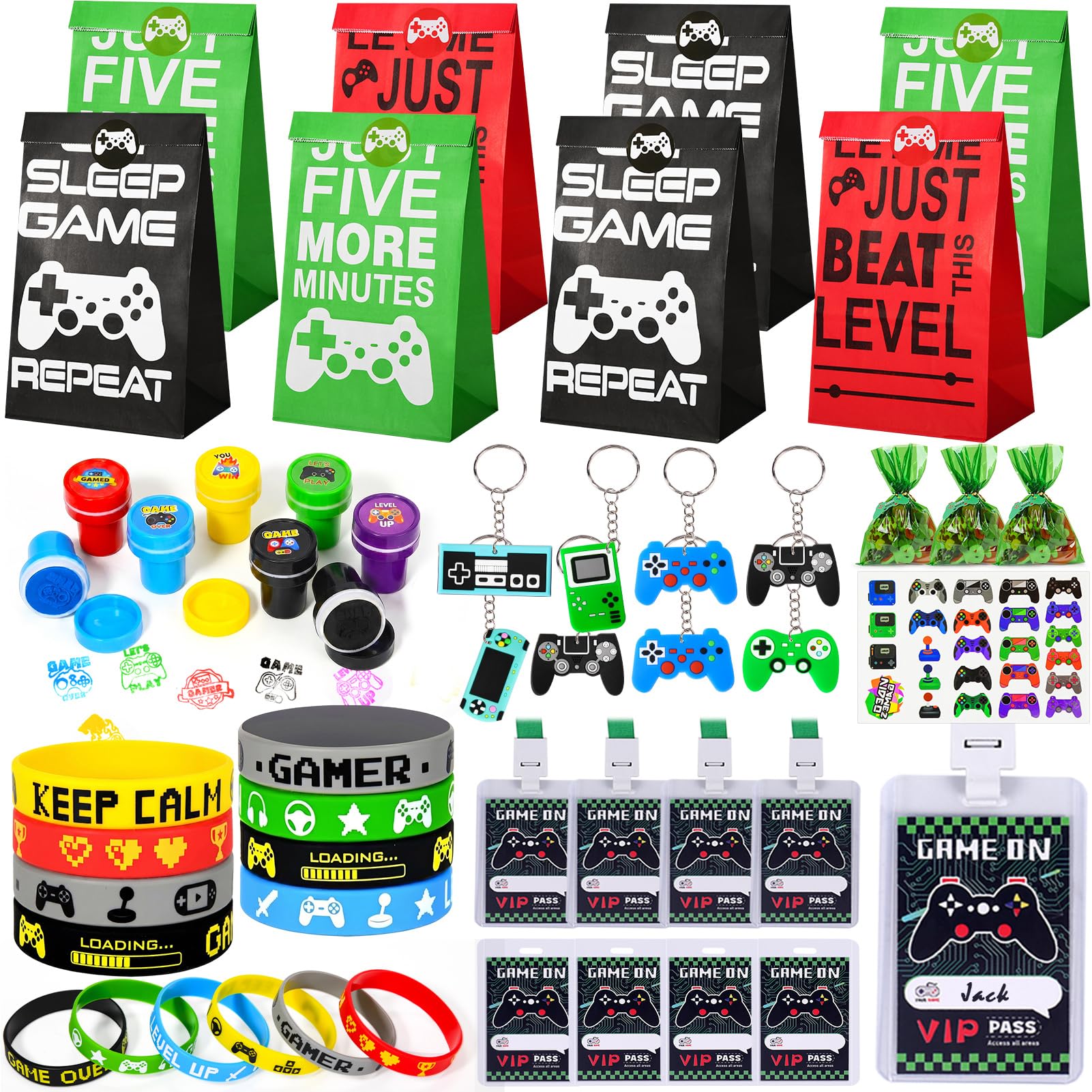 Merrymint Gaming Party Bag Fillers for Kids Birthday Decorations for Boys Pinata Fillers with VIP Pass Lanyards Silicone Bracelet Gift Bags Keychain Tattoo and Stampers Gamer Birthday Party Supplies