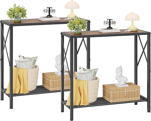 Miniatura 13 de Tajsoon - Mesa de consola de 28.3" de largo, mesa estrecha de 2 niveles para entrada con estantes abiertos, pequeña mesa de sofá para sala de estar,