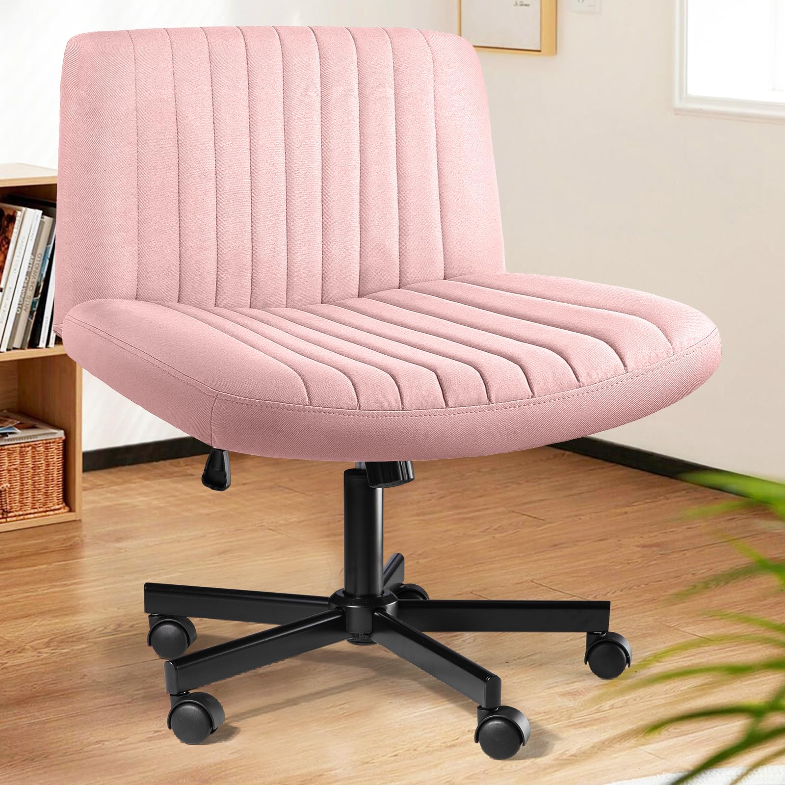 LEMBERI Criss Corss Chair with Wheels,Fabric Padded Armless Wide Office Desk Chairs,120° Rocking Swivel Mid Back Computer Task Vanity Chair for Home