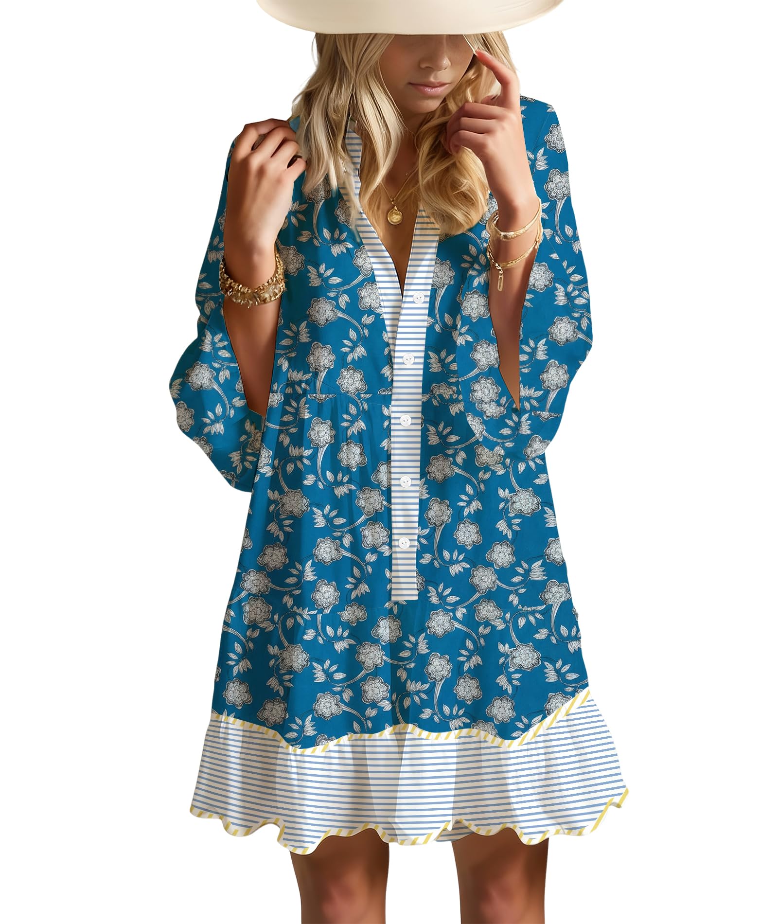 Summer Dresses for Women 2026 Flowy Ruffle 3/4 Sleeve V Neck Tiered Casual Babydoll Boho Beach Mini Dress