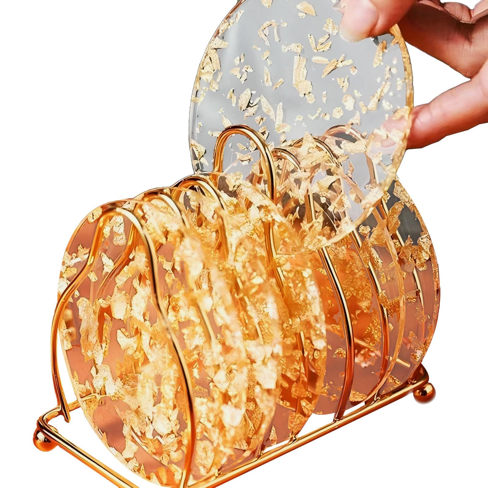 Posavasos para Bebidas, Posavasos Redondos para Copas Juego de 6, Juego de Posavasos Transparentes, Lámina de Oro Transparente Posavasos para Bebidas, Lavable/Antideslizante, para café/té/Tazas