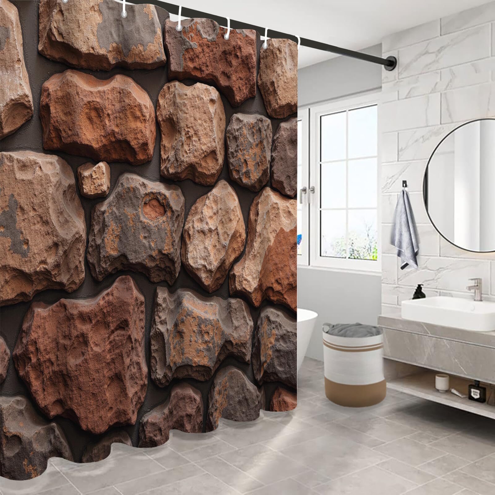 Rideau Douche, Rideau Baignoire Lavable en Machine Rideaux Douche Tissus Lavable Rideau De Baignoire Lavable pour Salle De Bain Domicile Baignoire Famille, Texture De Mur en Pierre,