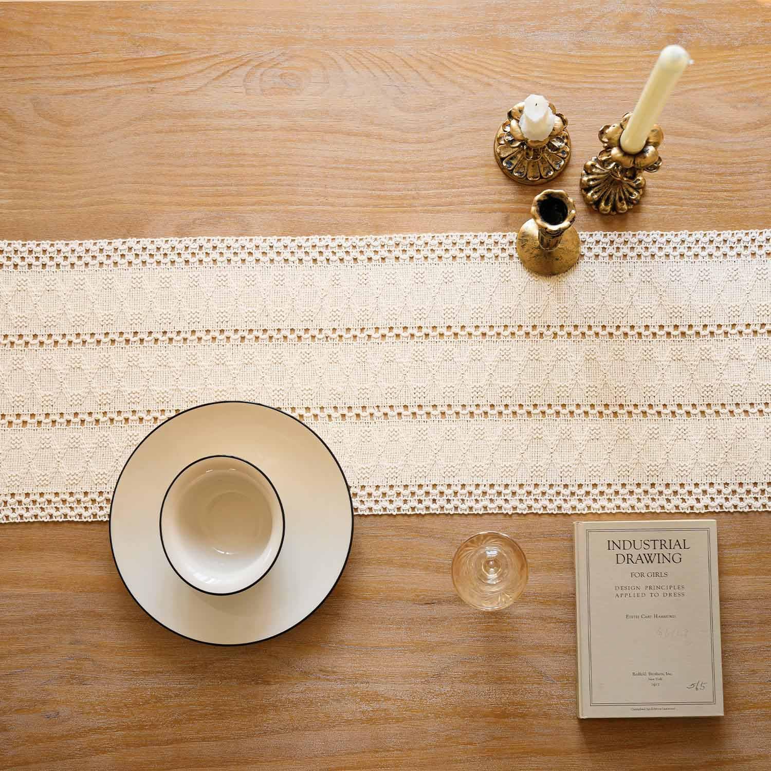 Runner da tavolo in macramè color crema beige con nappe, runner da