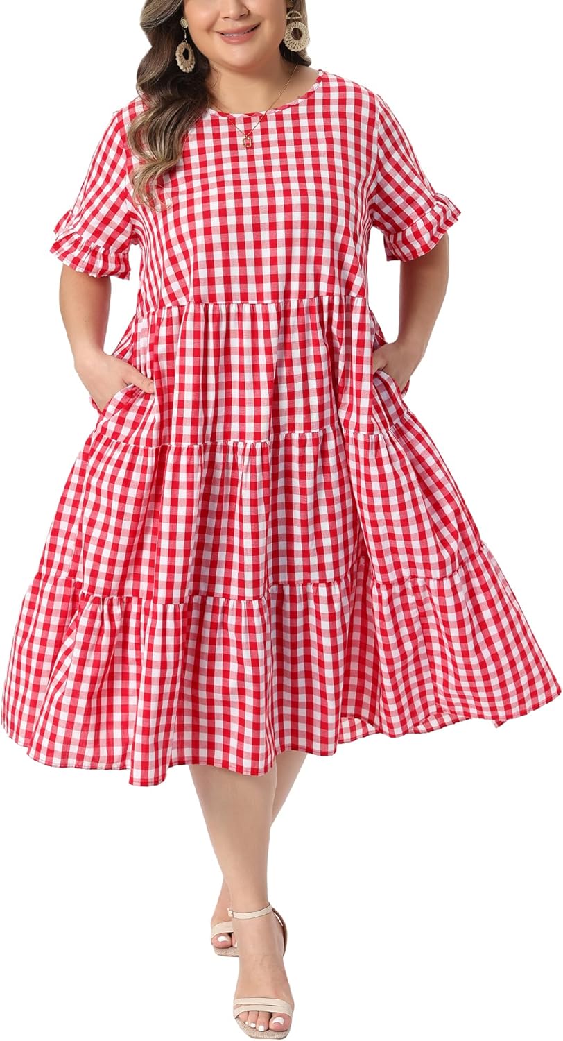 Agnes Orinda Plus Size Gingham Dresses 1950s Vintage Plaid Round Neck Flared Short Sleeve Tiered Summer Midi Dress
