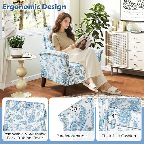 Miniatura 5 de GOFLAME Silla decorativa floral, cómoda silla tapizada con patas de madera de goma y cojín acolchado grueso, sillón individual de respaldo alto,