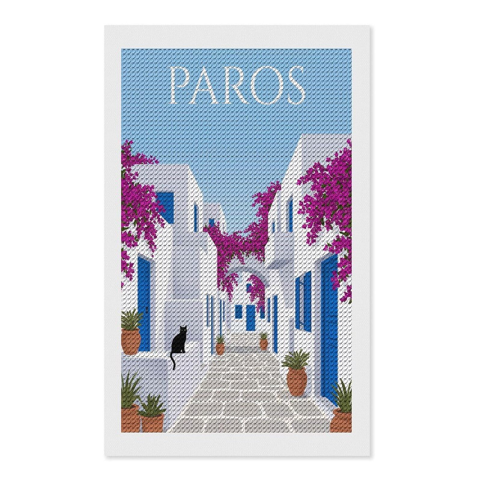 Junmoney Paros Greek Island Diamond Art Kit 12"x20", Modern Decor, for Adults, Printed Canvas, Holiday Gift Idea, Fun Craft Experience
