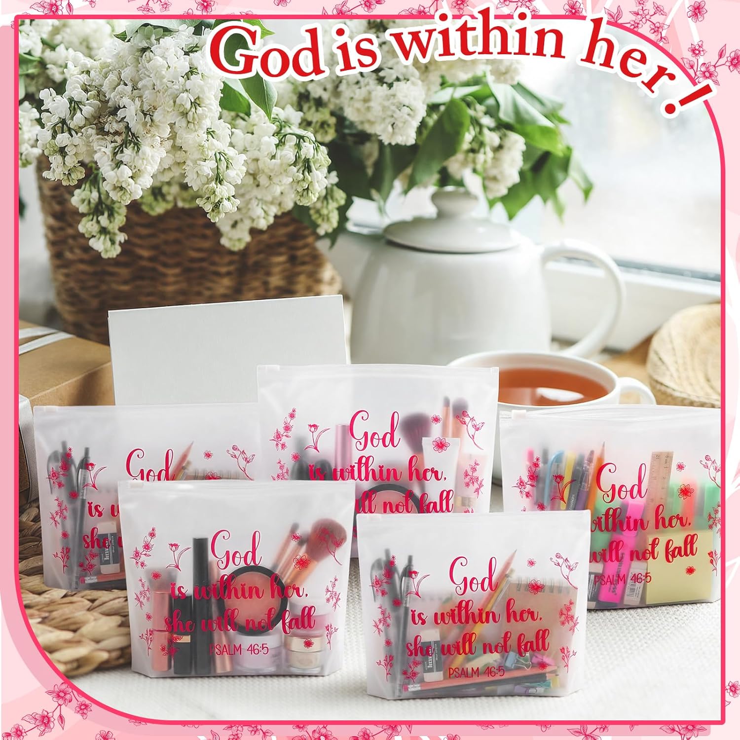 Kacctyen 150 Pack Woman of Faith EVA Bags Gift Bulk God Is Within Her She Will Not Fall Church Woman Party Favor Mom Group Mother's Day Christian Reusable Clear Pouches with Zipper Waterproof Bag