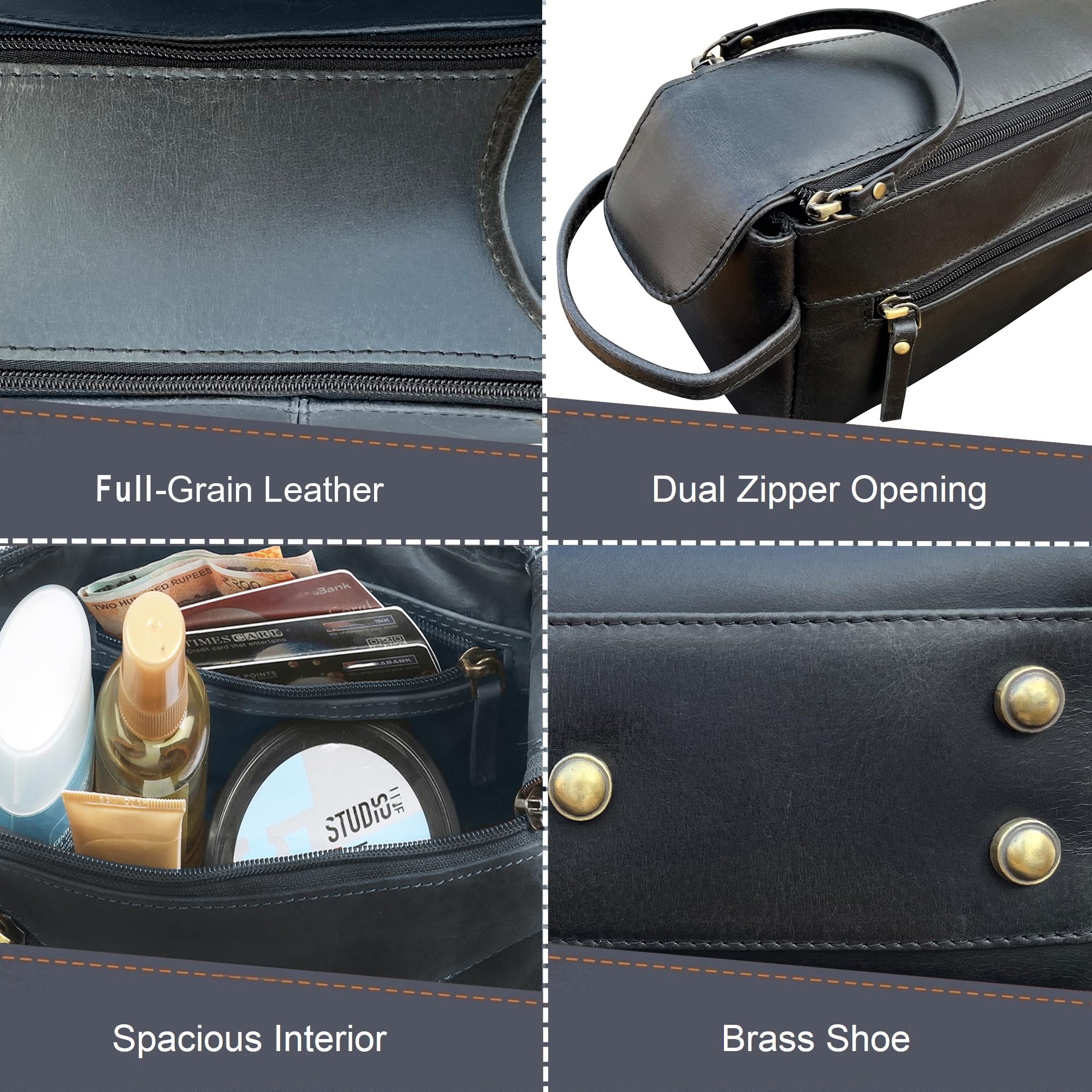 Neceser de cuero para hombre, organizador de higiene, kit de viaje Rustic Town, negro, Medium, Neceser de viaje de cuero para hombre