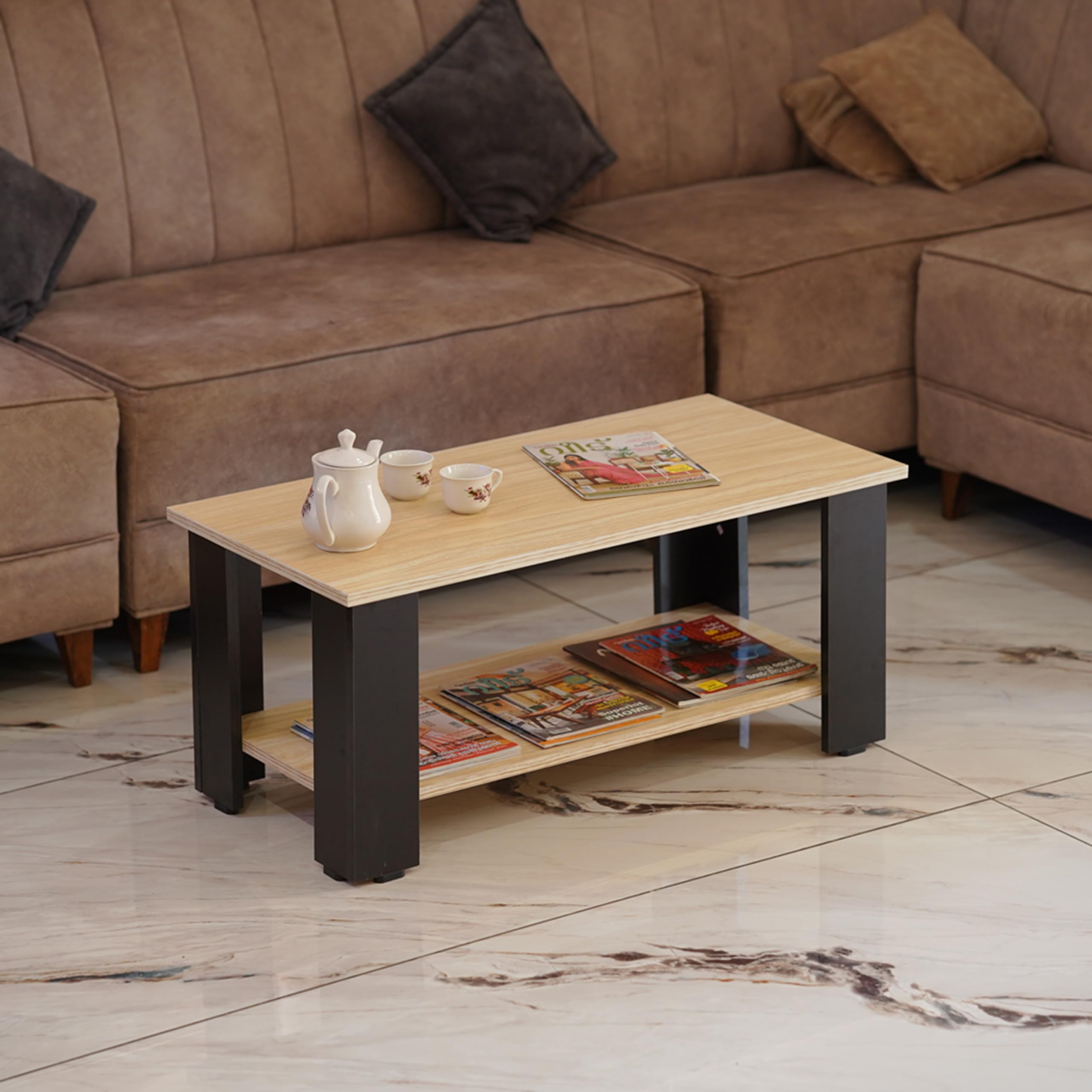 PEDPIX Engineered Wood Coffee Table with Storage Shelf, Stylish Wooden Living Room Furniture (Cream)