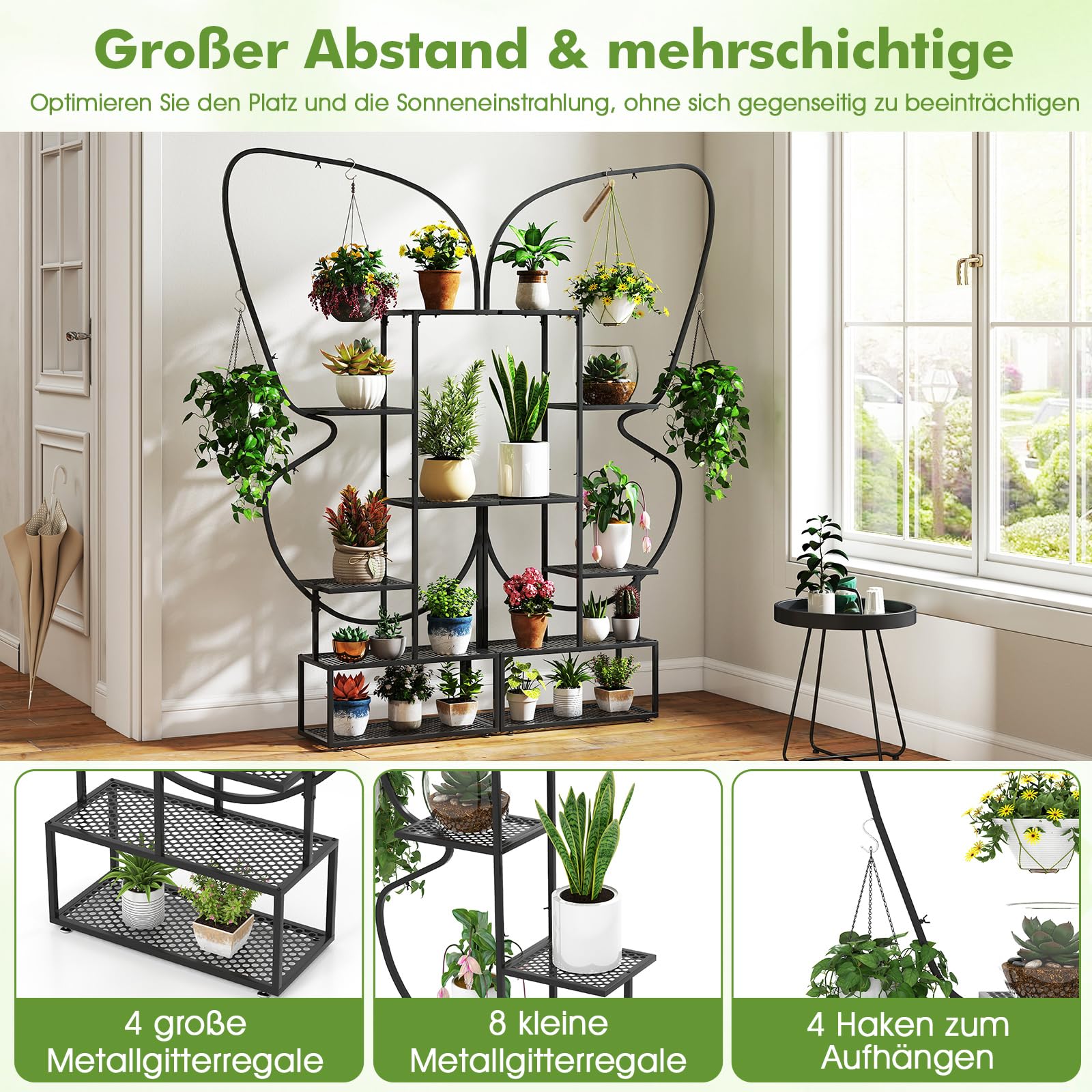COSTWAY 6-stufiger Metall Pflanzenständer, schmetterlingsförmig, Blumenregal mit 4 Haken, Pflanzenregal Leiterregal, Pflanzenleiter Blumenständer, für Garten Balkon Wohnzimmer, 185 cm (Schwarz)