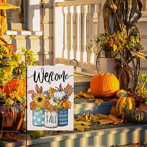 Miniatura 5 de Hzppyz Bandera de jardín de calabaza de bienvenida de doble cara, hojas de girasol de cosecha de otoño, granja, decoración pequeña para patio al