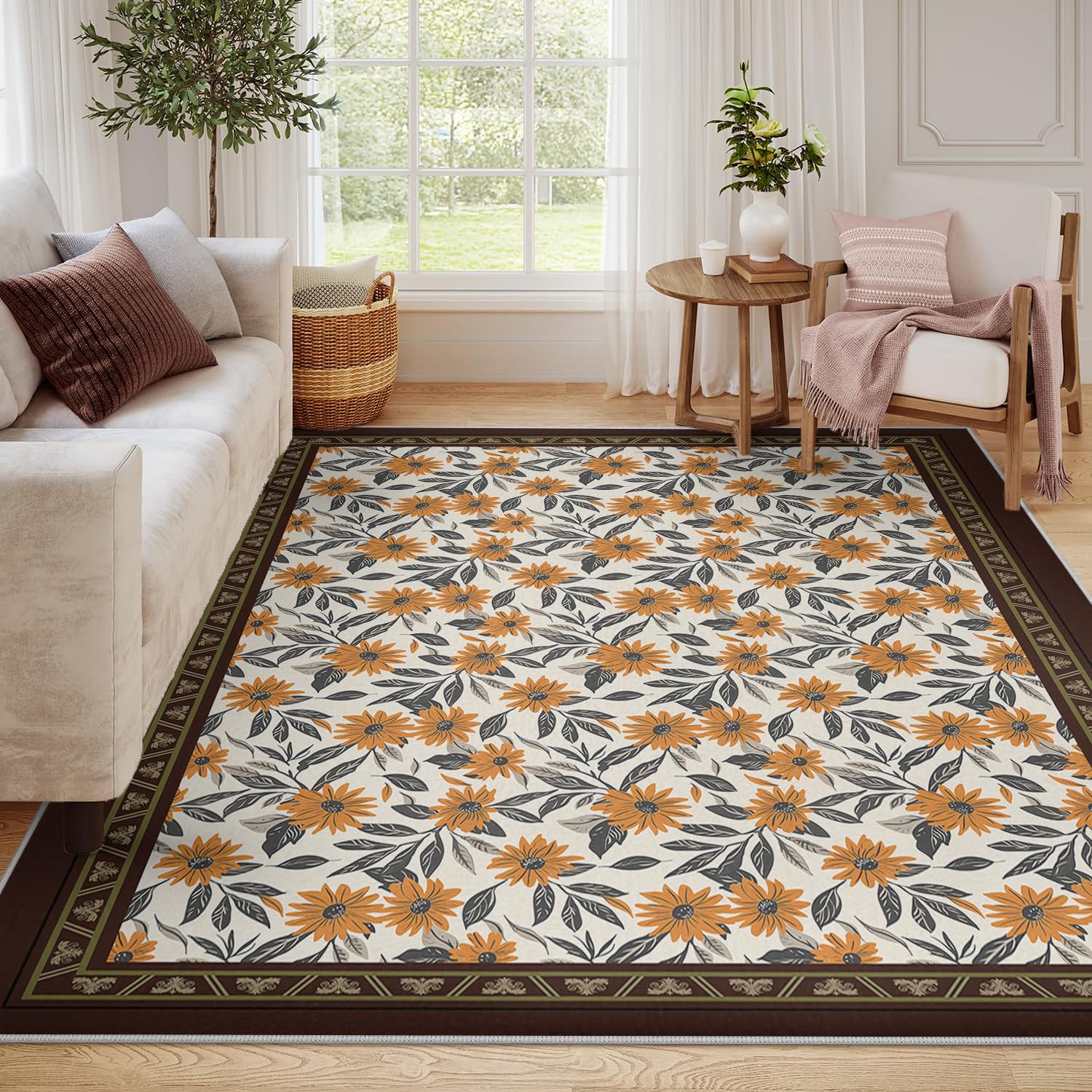 Dywan kwiatowy w stylu boho, 120 x 200 cm, nadaje się do prania, świecący pomarańczowy słonecznik-brązowy dywan do salonu, do salonu, dekoracja podłogi