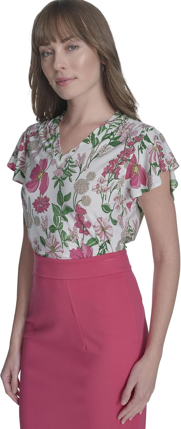 Tommy Hilfiger Womens Short Sleeve Flutter Sleeve V-Neck Top - Image 3