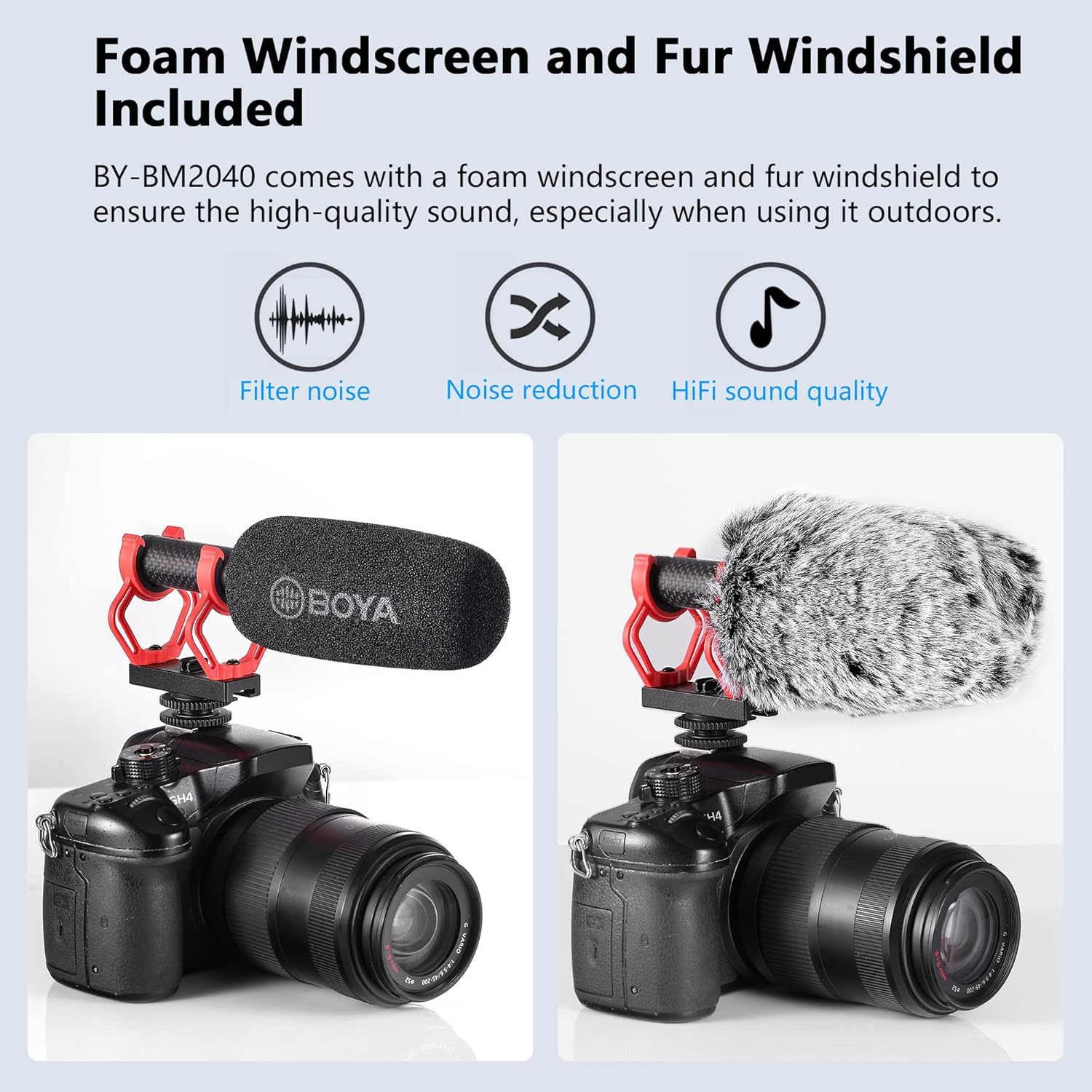 Contents of the BOYA BY-BM2040 package including microphone, shock mount, windshields, cables, and pouch.