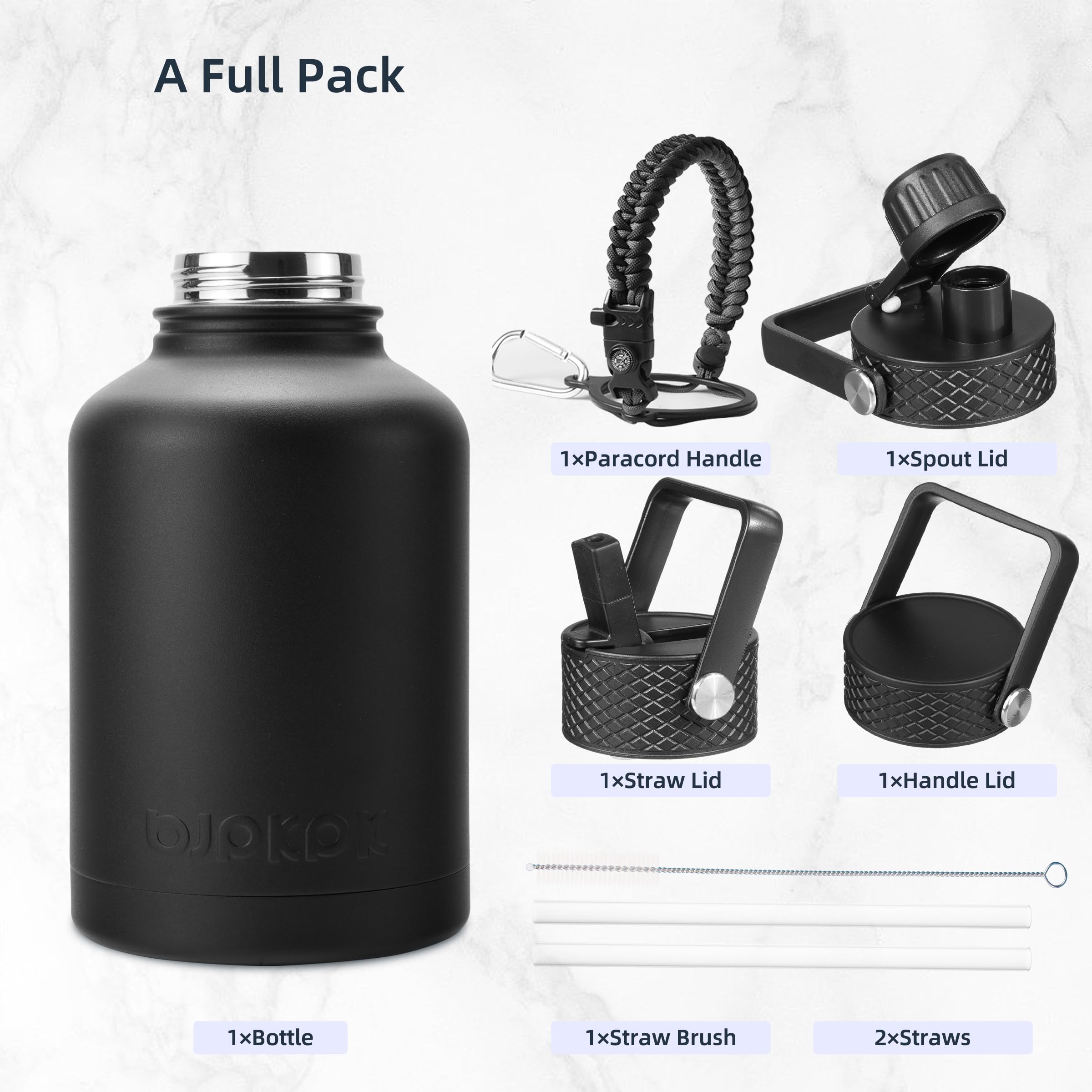 VICKNIY Isolierte Edelstahl-Wasserflasche 1,2 L – Mit 2 Deckeln, Paracord-Griff & Tragetasche | Hält 48 H Kalt, 24 H Heiß