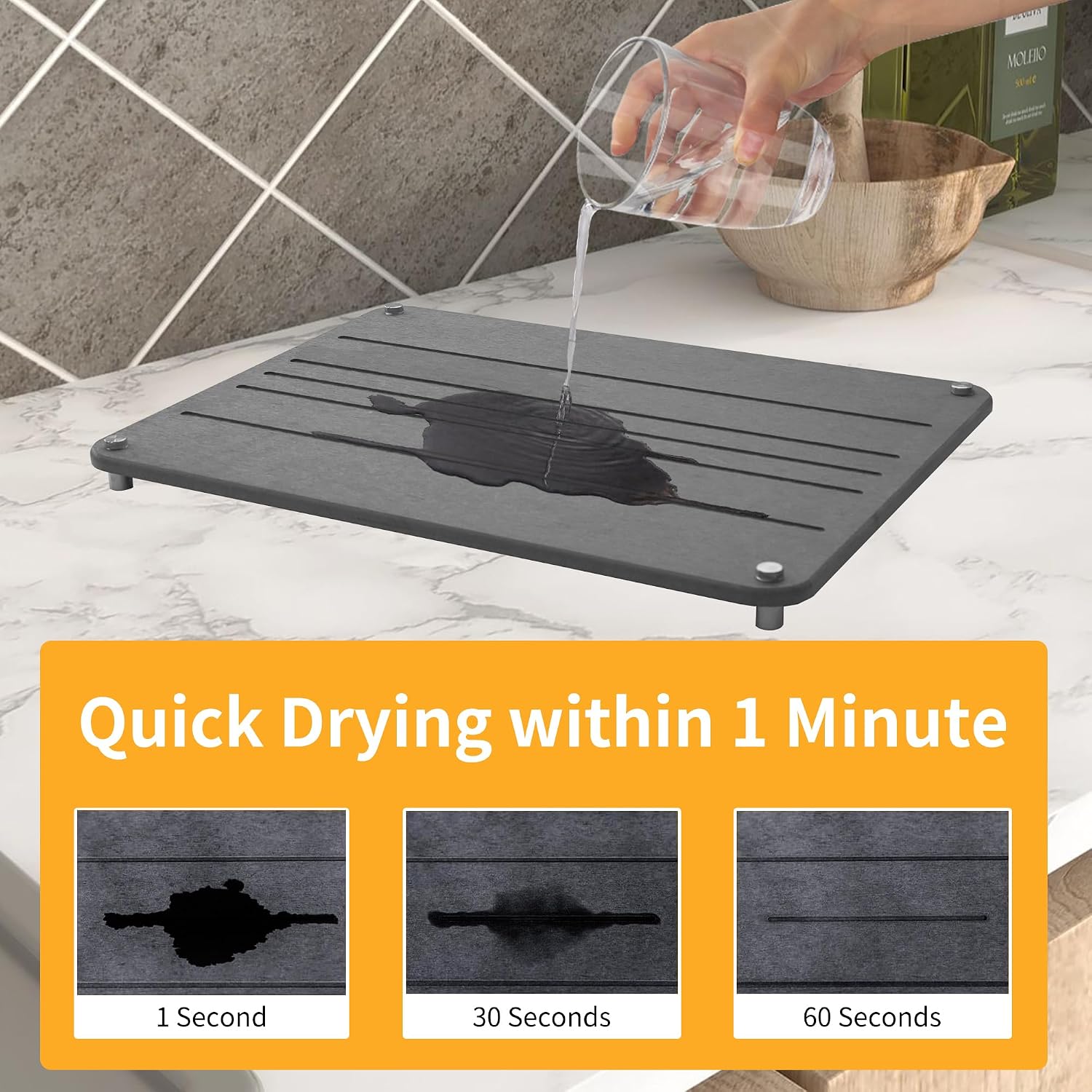 Stone Dish Drying Mat, 15.7"x11.8"(DARK GRAY) Fast Dry Diatomaceous Earth Drying Mat, Non-Slip Absorbent Kitchen, Bath Counter Mat with Stainless Steel Legs