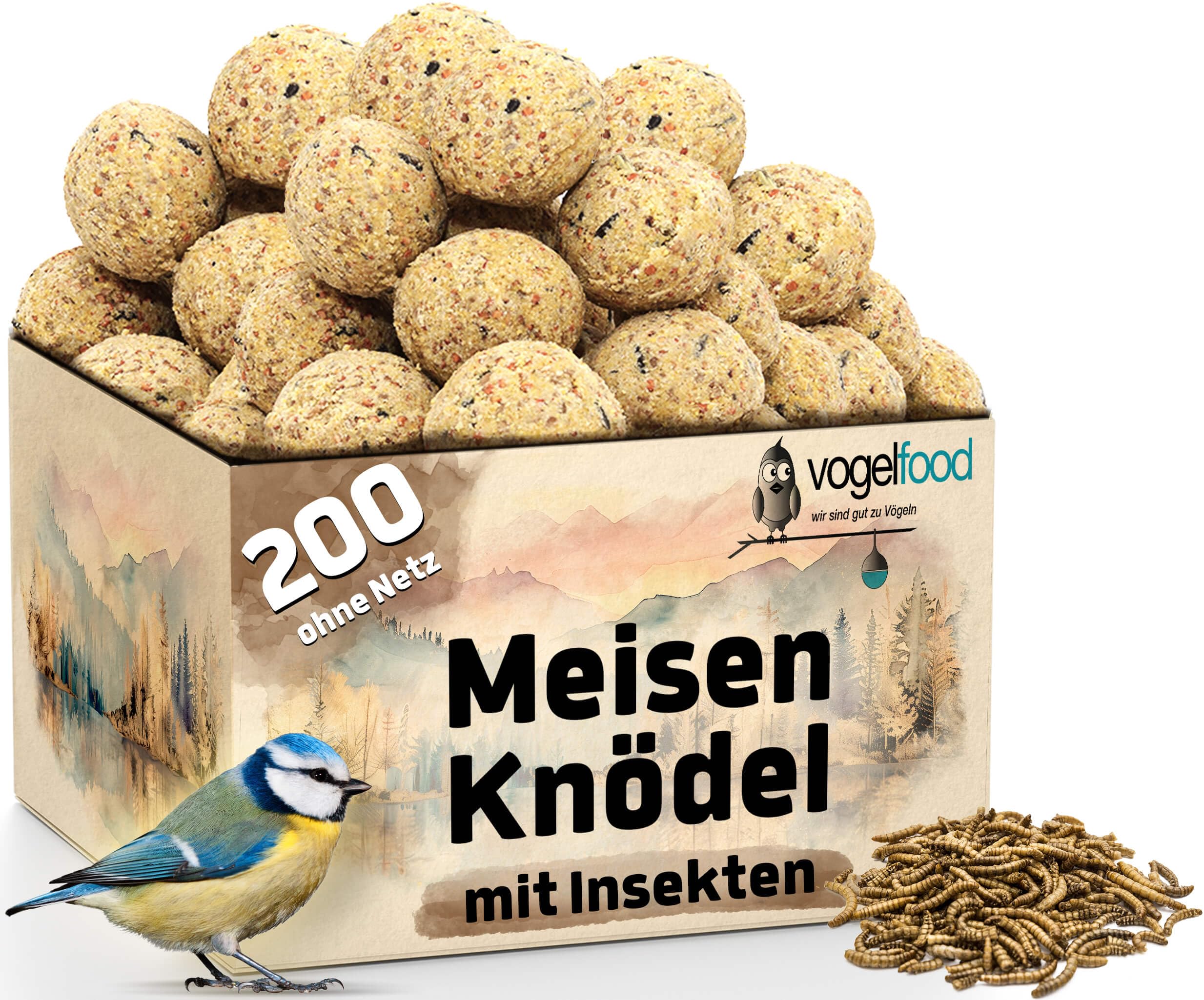 Vogelfood 200 x 90 g =18 kg Meisenknödel mit Insekten ohne Netz Vogelfutter 4 Jahreszeitenknödel Wildvogelfutter Ganzjahresfutter Fettfutter