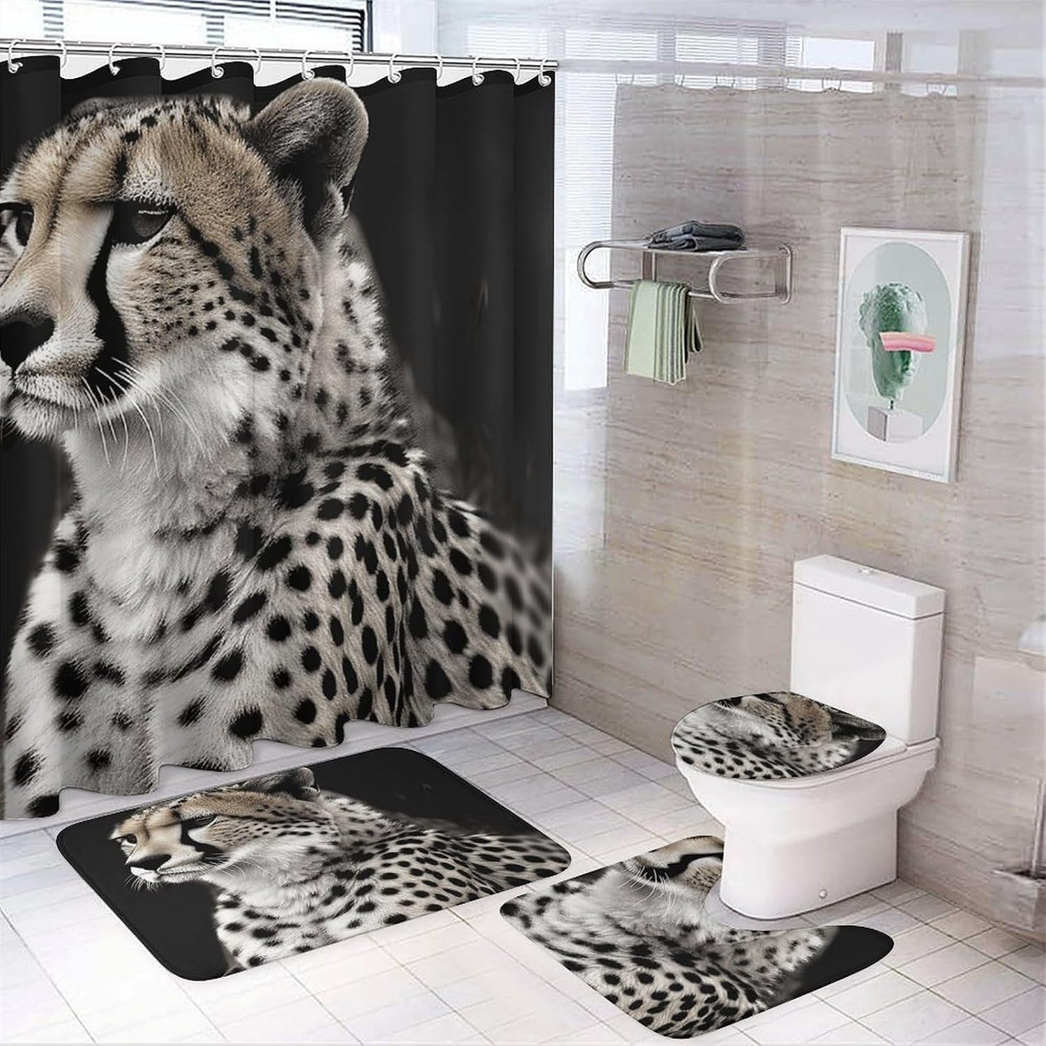 4Pcs Cheetah Bathroom Sets Decor with Non-Slip Rugs Fashion Toilet Lid Cover Exquisite U-Shaped Mat Modern Shower Curtain with 12 Hooks Bathroom Decor Accessories