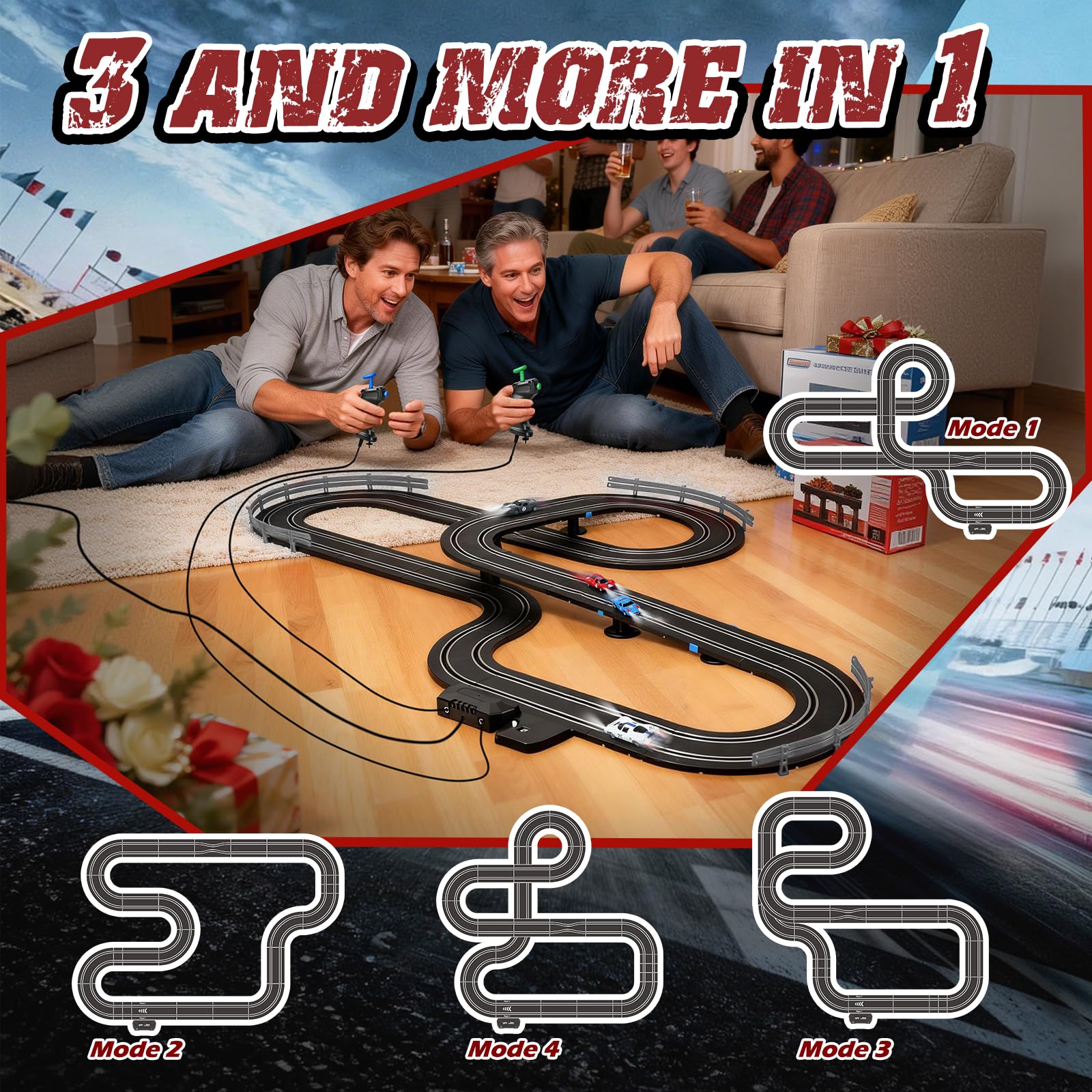 Autorennbahn, Kabellose Rennbahn Spielzeug mit 4 Slotcars, Doppelspur Rennstrecke & 2 Handreglern, Interaktives Familienspielzeug Geschenk für Kinder - 02