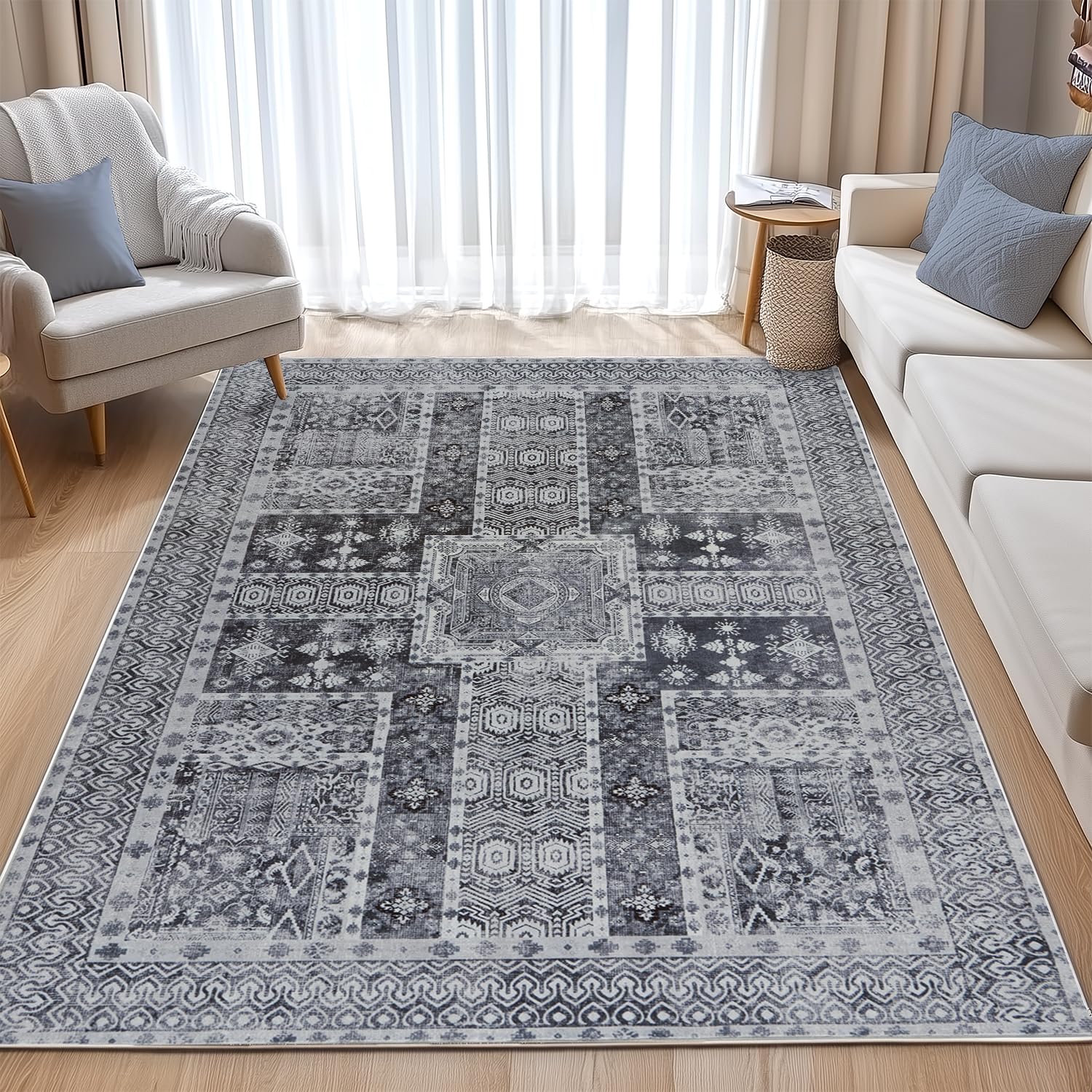 BSGIFT Alfombra vintage de pelo corto, 200 x 300 cm, gris, lavable, alfombra antideslizante, diseño oriental para salón, dormitorio, cocina, comedor al aire libre, alfombra muy suave