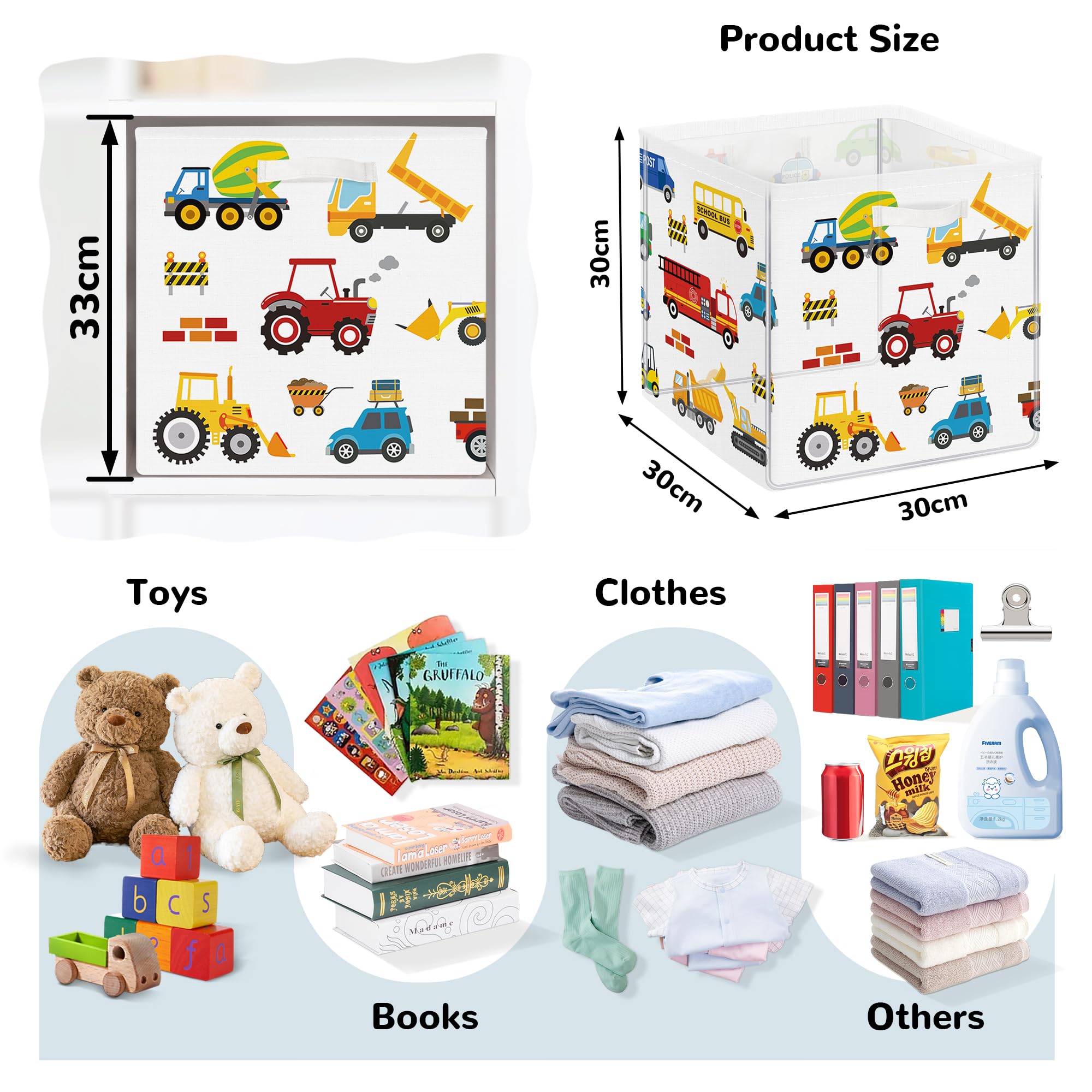 Clastyle 3 pcs Cars Cube Storage Unit Boxes Foldable Kallax Box for Shelves Parents Storage Baskets for Book Clothes Toy Organizer,Cartoon Truck,11.8x11.8x11.8 in - Image 3