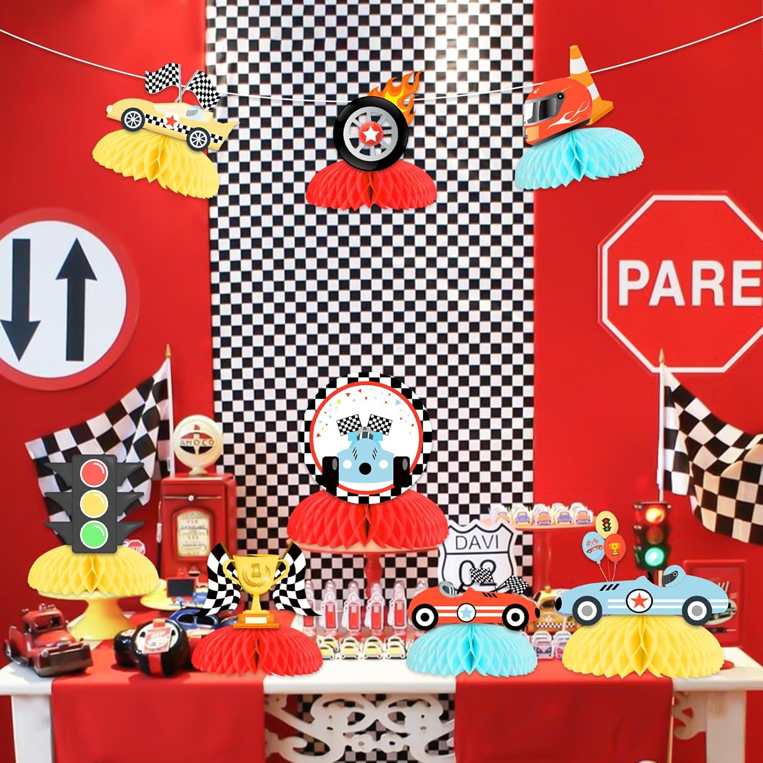 8Pcs Race Car Honeycomb Centerpieces Boy’s Birthday Decorations, Racing Theme Table Toppers 1st 2nd 3rd Birthday Baby Shower Party Supplies Photo Props Decors Vintage Red